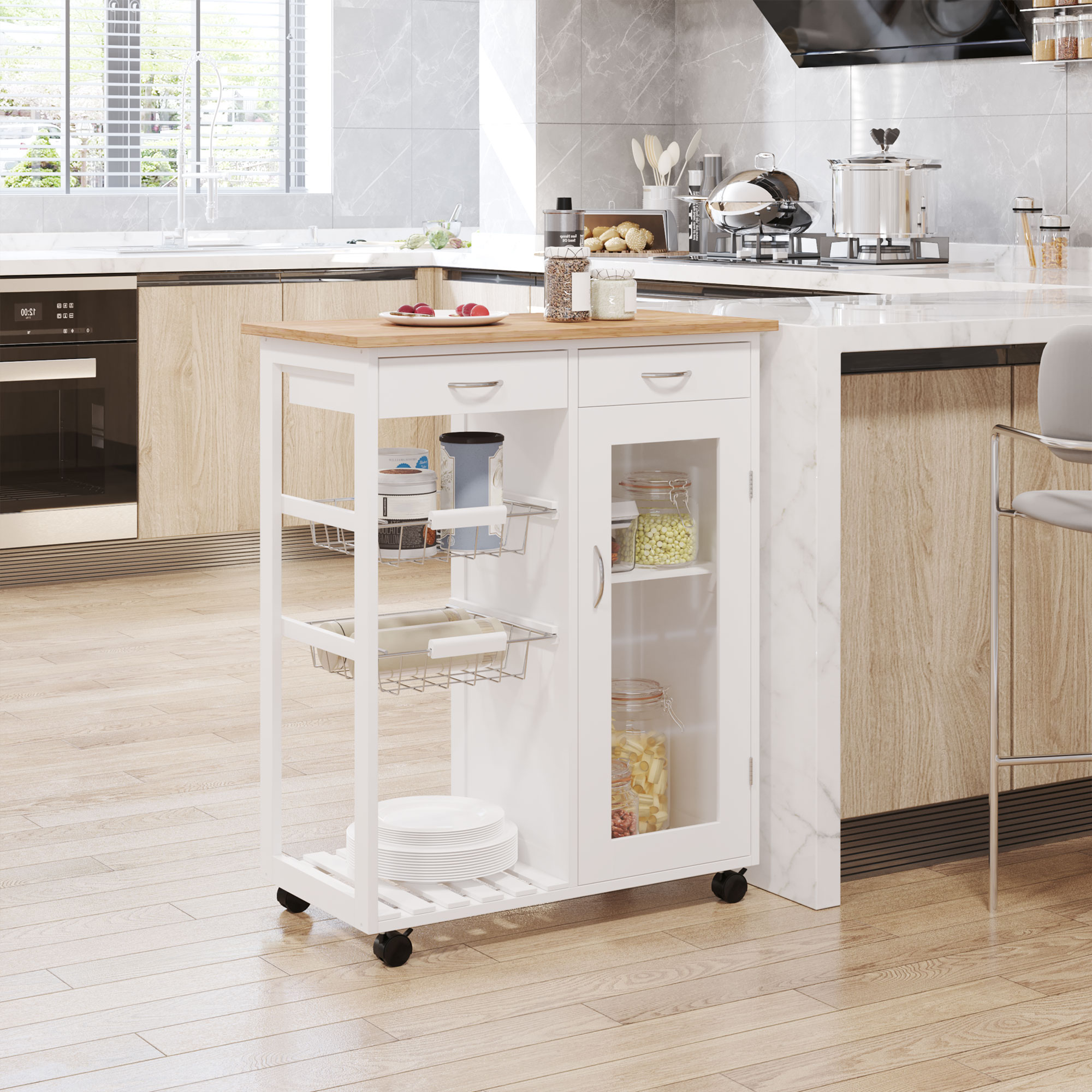 HomCom Carrello da Cucina con Cassetti e 2 Cesti Scaffale da Cucina in Legno di Pino, Bianco