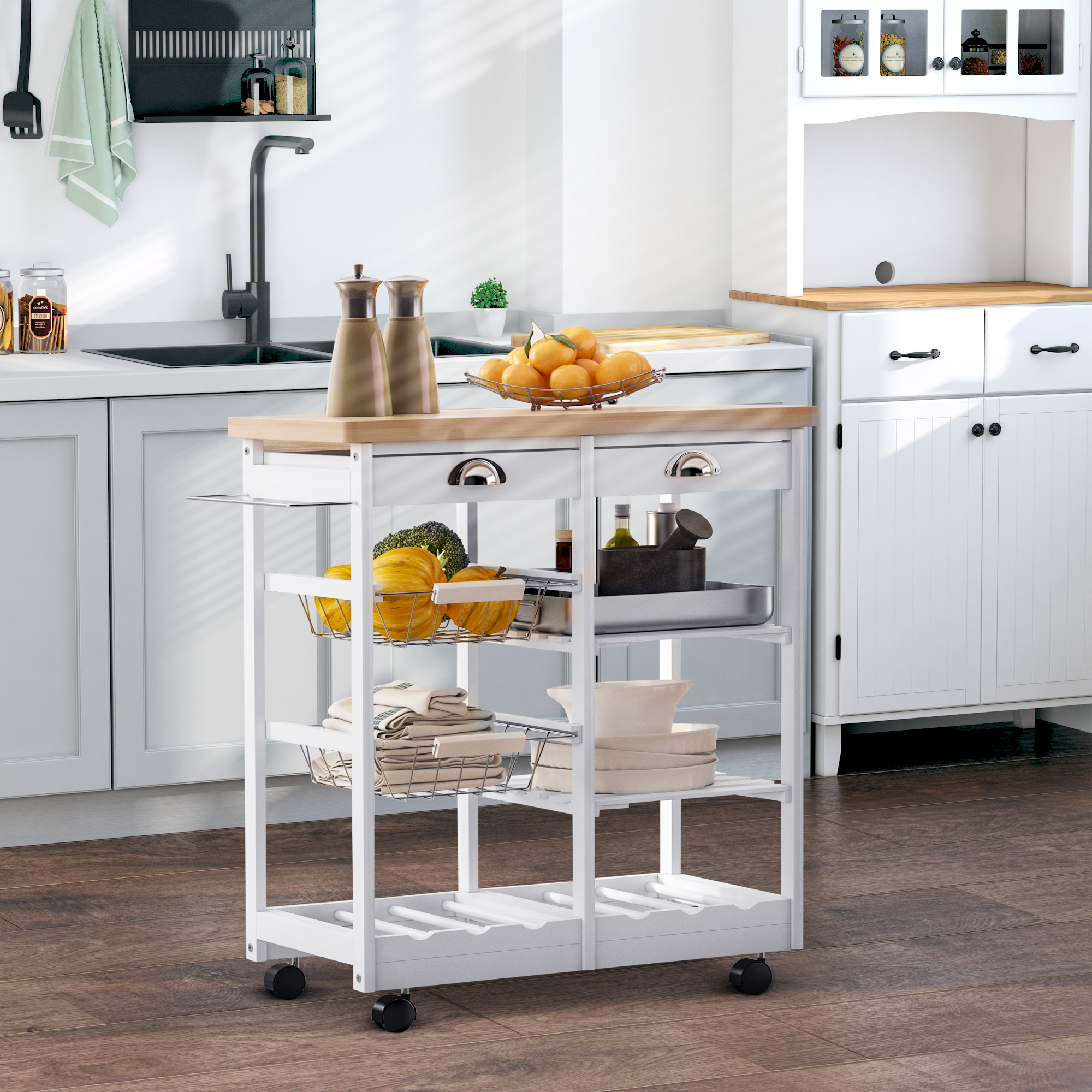 HOMCOM Carrello da Cucina con Ruote Cassetti e Portabottiglie Carrello Portabottiglie in Legno Bianco 74x37x76cm
