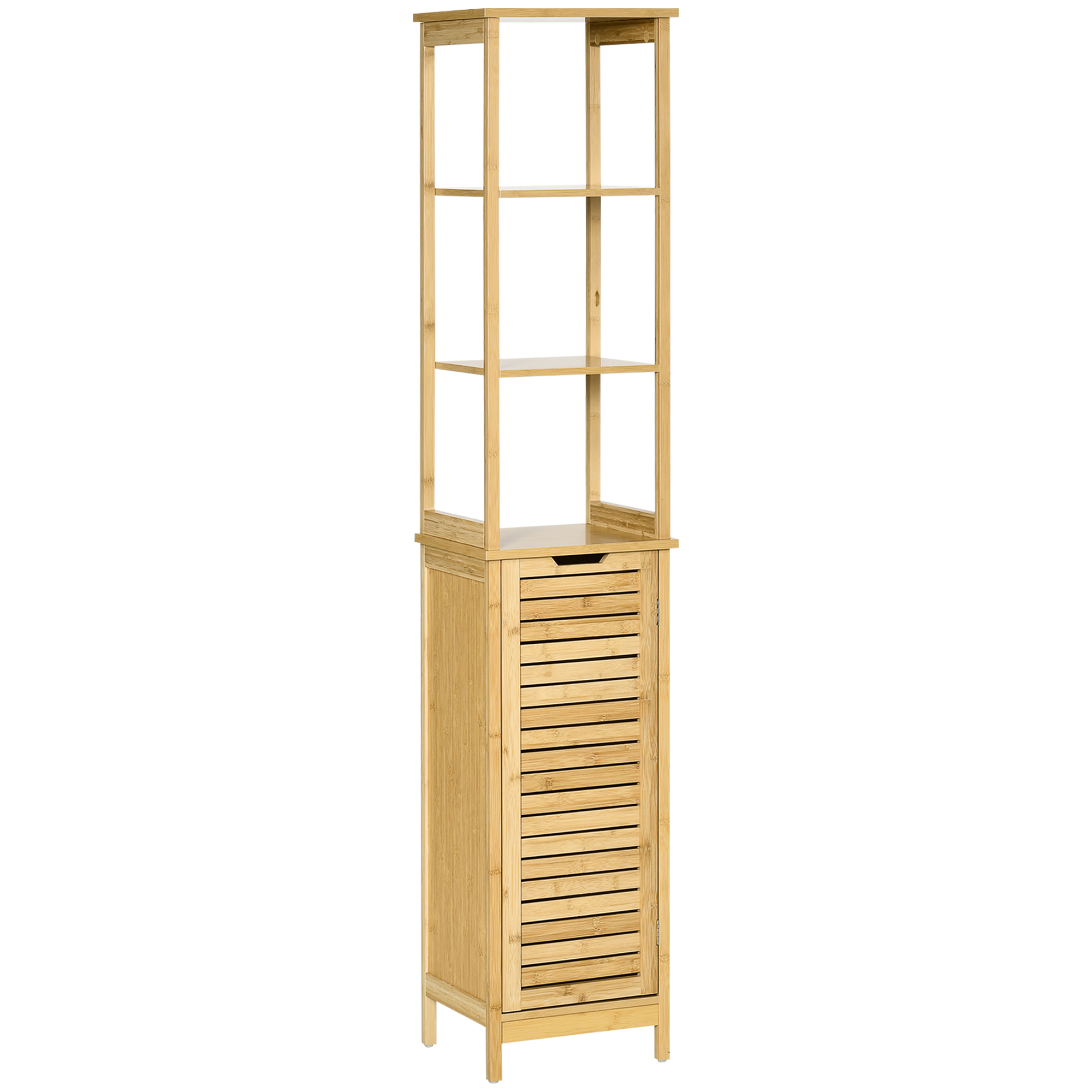 kleankin Mobile Bagno con 3 Ripiani e 1 Credenza, Design a Doghe in MDF e Bambù, 34x30x173cm, Color Naturale