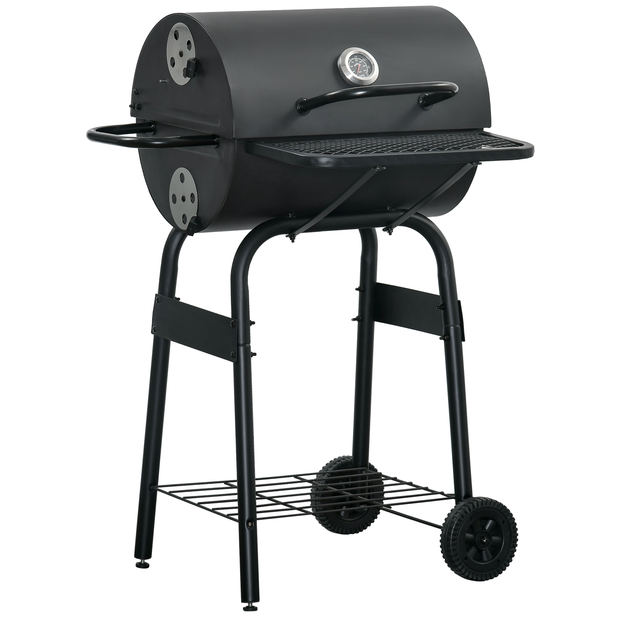 Outsunny Barbecue a Carbone con Coperchio e Termometro, BBQ a Carbonella Portatile con Mensole e Ruote, 68x63x102cm, Nero