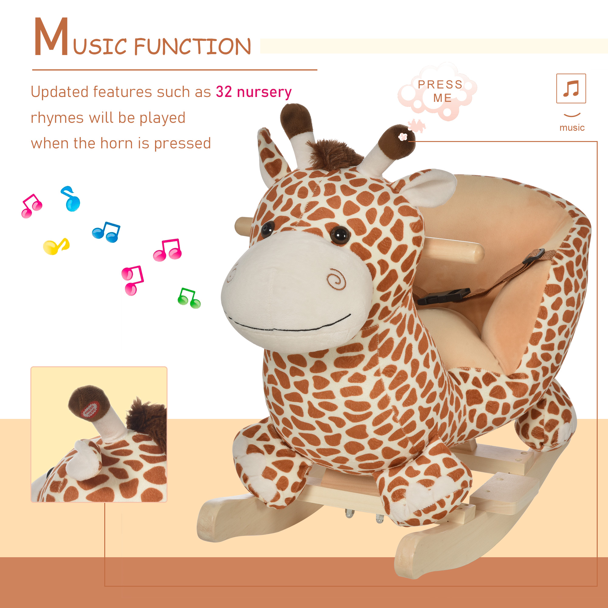 HOMCOM Rocking Giraffe Toy for Kids with Sounds, Plush Toddler Baby Rocker Seat, Giraffe Pattern.