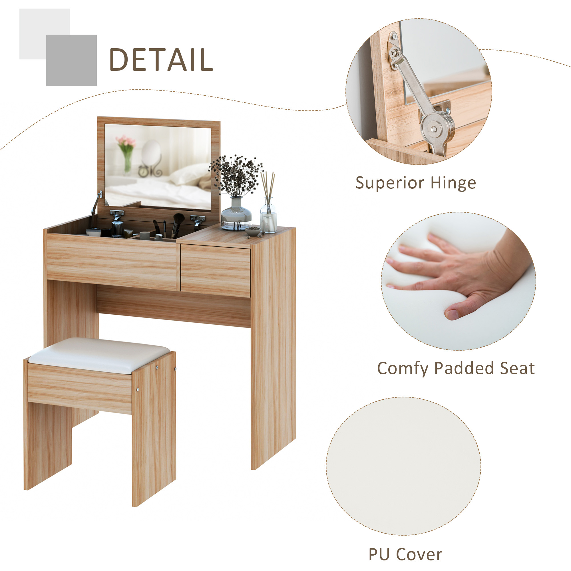 HOMCOM Dressing Table Set with Cushioned Stool, Flip-up Mirror, and Drawer in Wood Grain Finish