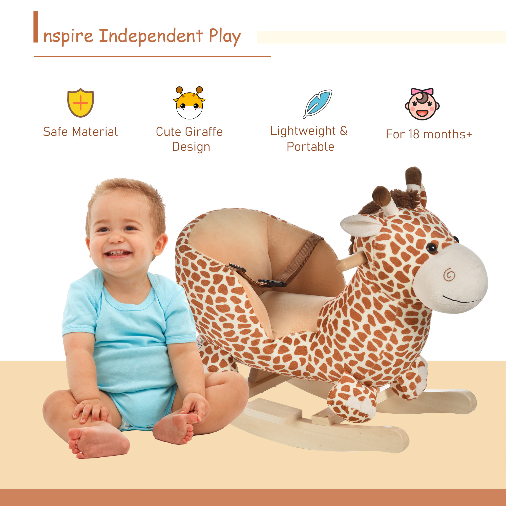 HOMCOM Rocking Giraffe Toy for Kids with Sounds, Plush Toddler Baby Rocker Seat, Giraffe Pattern.