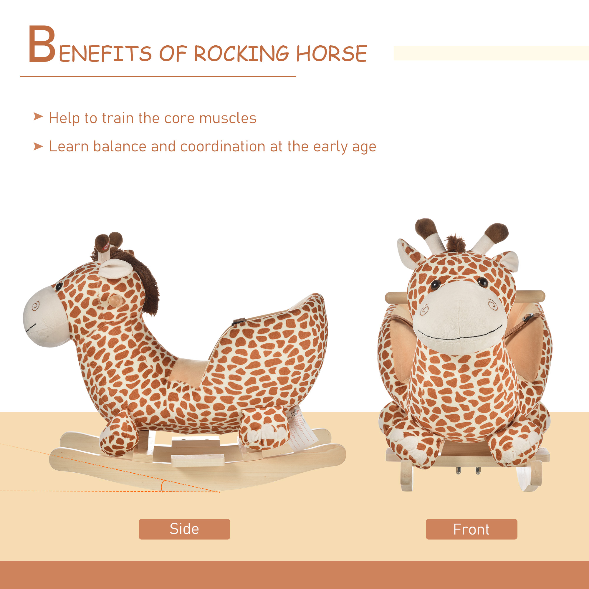 HOMCOM Rocking Giraffe Toy for Kids with Sounds, Plush Toddler Baby Rocker Seat, Giraffe Pattern.