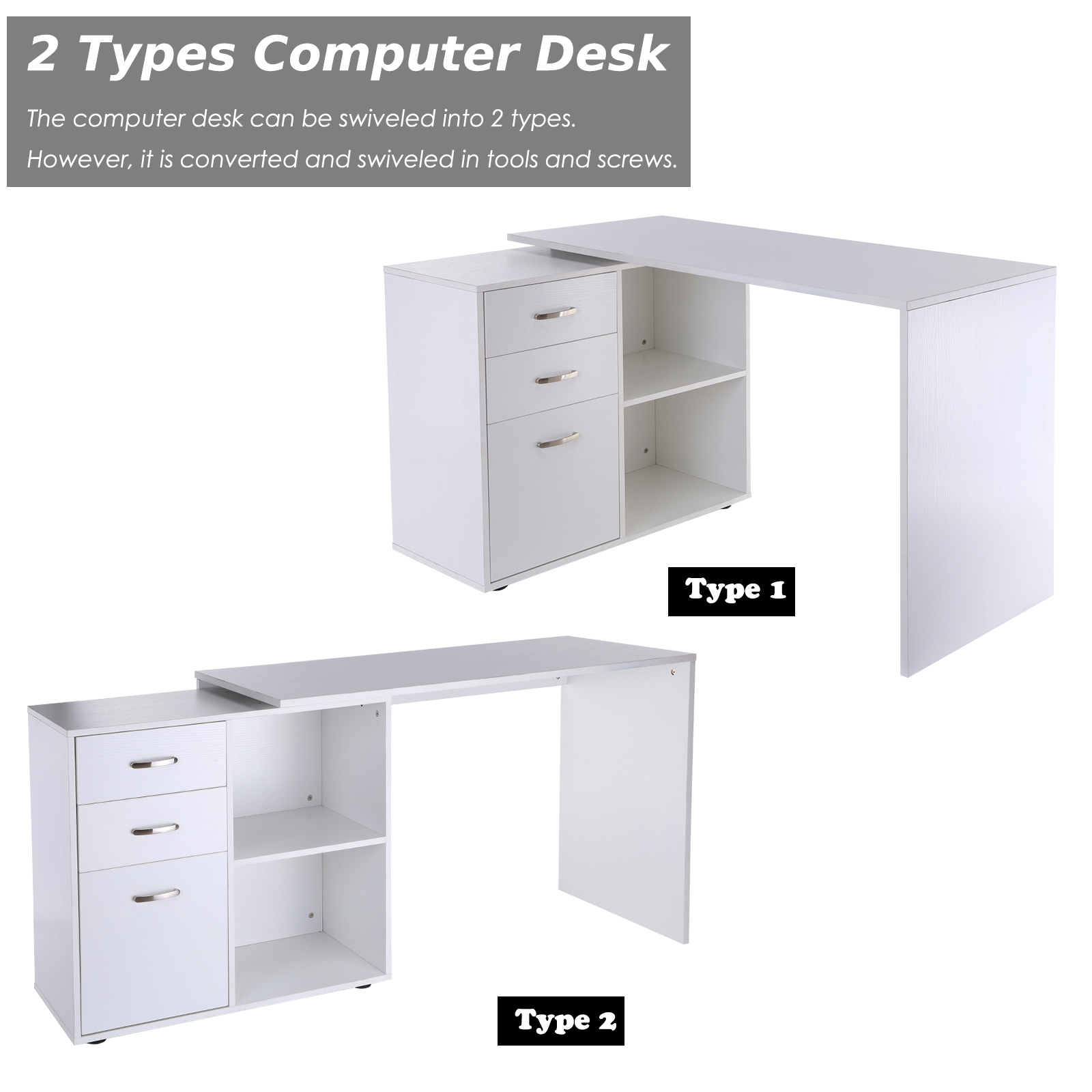 HOMCOM Computer Desk Table Workstation Home Office L Shape Drawer Shelf File Cabinet White