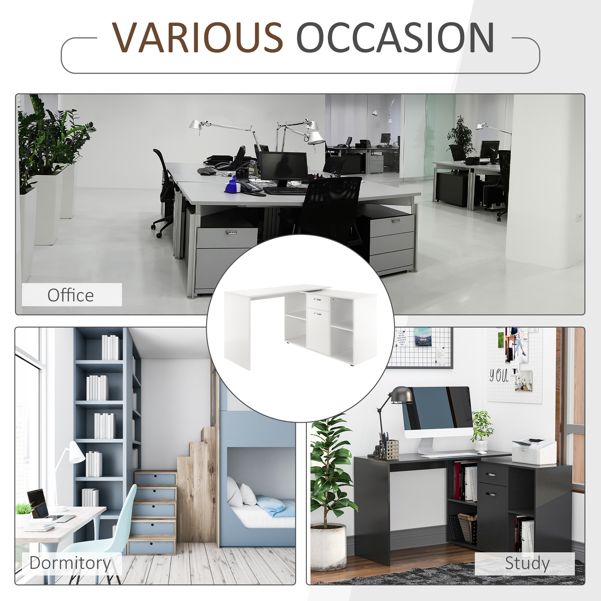 HOMCOM Modern L-Shaped Computer Desk, Laptop PC Corner Table, Home Office Workstation with Spacious Storage, White