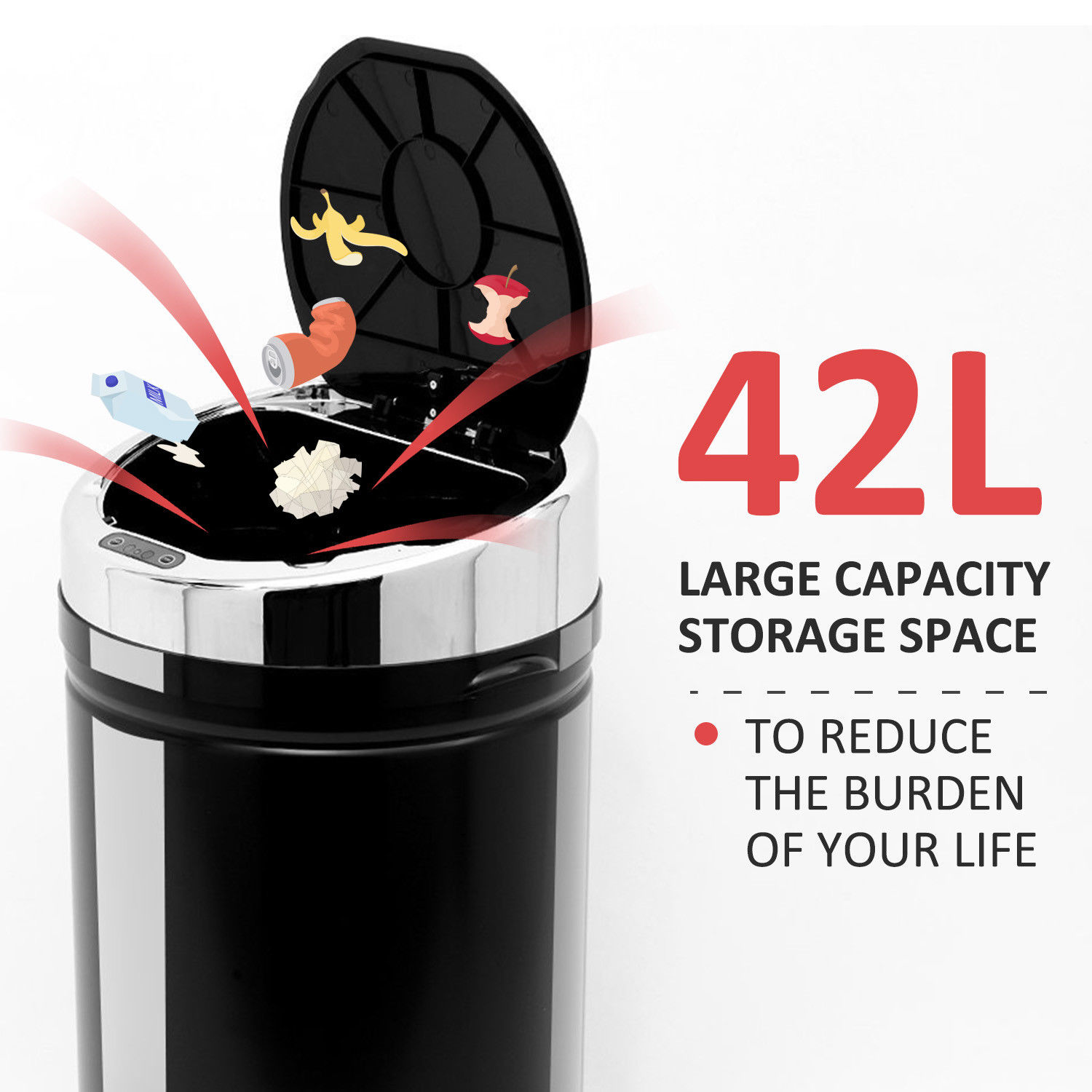 HOMCOM 42L Stainless Steel Sensor Trash Can W/ Bucket-Black