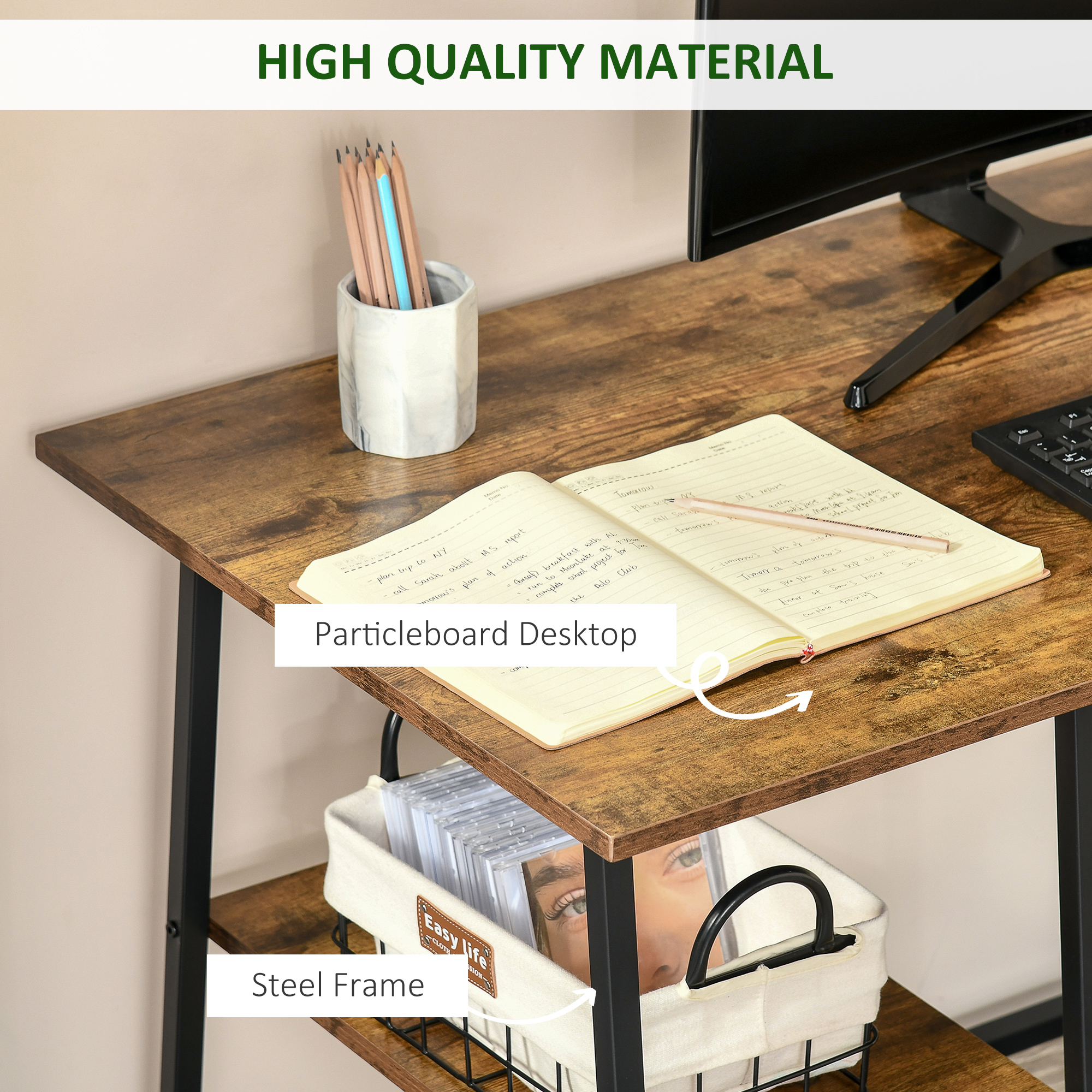 HOMCOM Home Office Desk with 2 Shelves, Steel Frame, Computer Gaming Station, Rustic Brown and Black