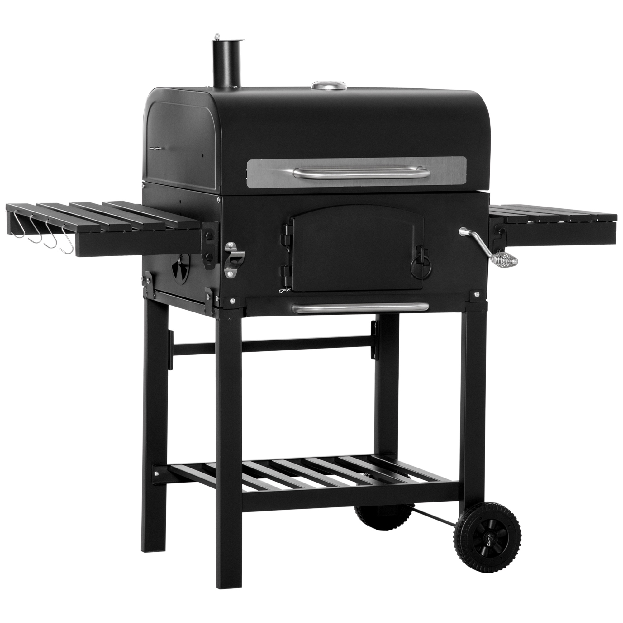 Outsunny Barbecue a Carbone 3 in 1 con Ripiani Laterali Pieghevoli e Inferiore, Termometro e Coperchio, in Metallo e Ghisa, 124x66x112cm, Nera