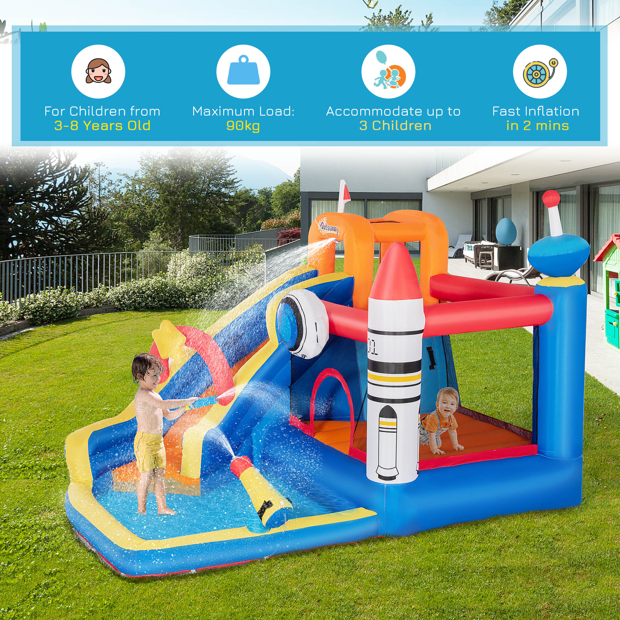 Outsunny 5 in 1 Kids Bounce Castle Large Water Space Style Inflatable House Slide Trampoline Pool Water Gun Climbing Wall for Kids Age 3-8