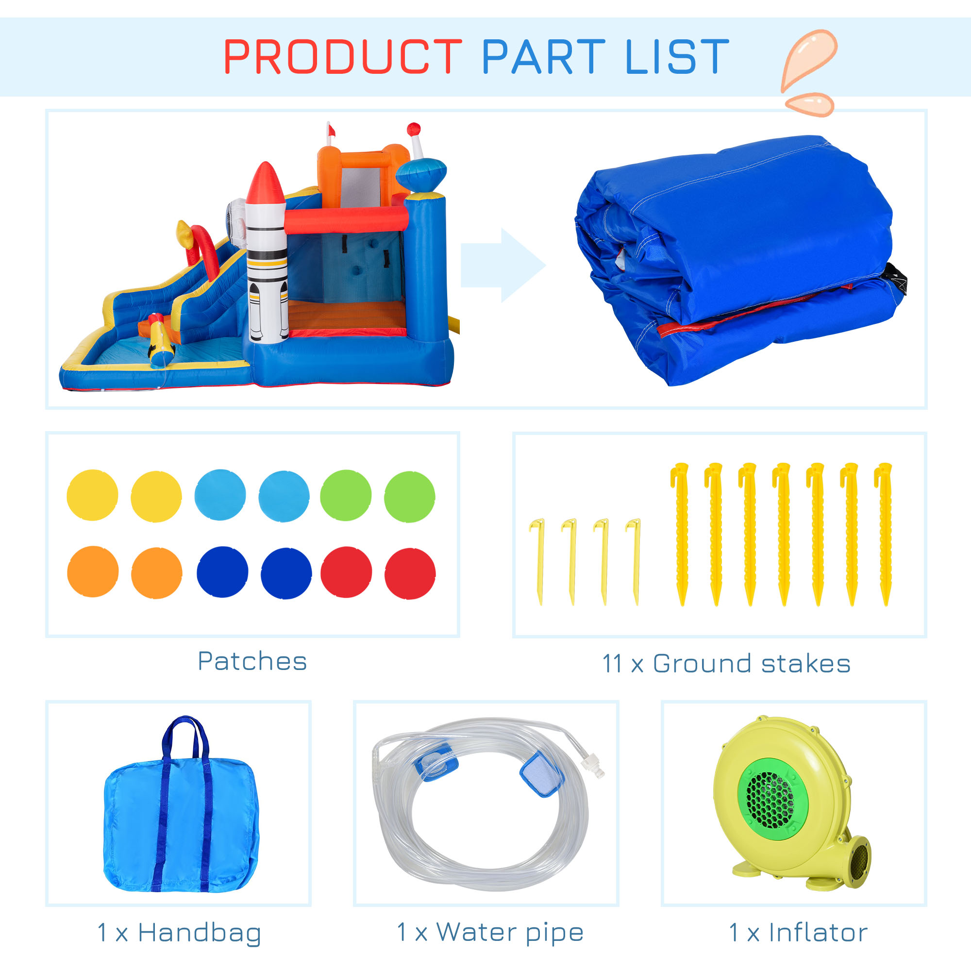 Outsunny 5 in 1 Kids Bounce Castle Large Water Space Style Inflatable House Slide Trampoline Pool Water Gun Climbing Wall for Kids Age 3-8