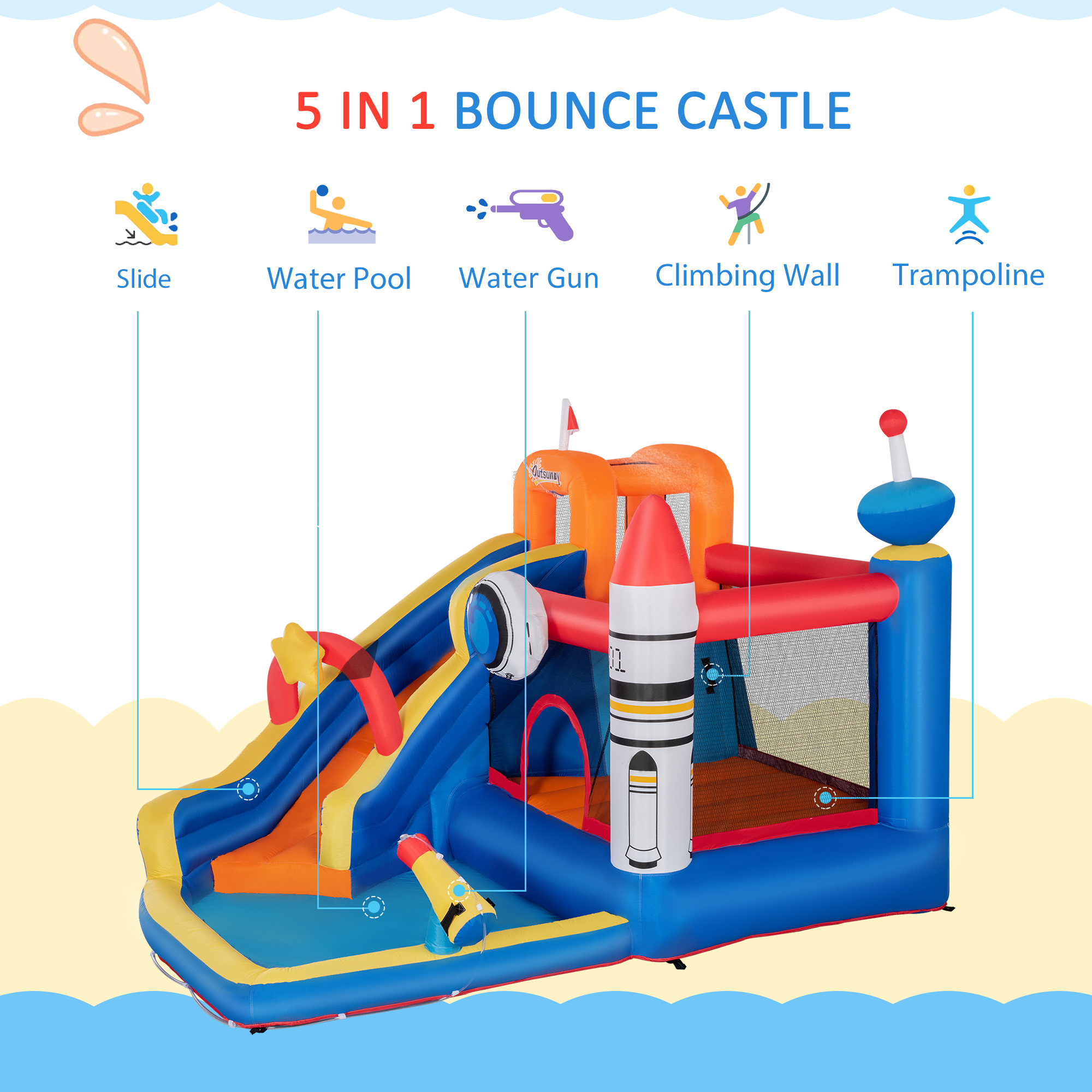 Outsunny 5 in 1 Kids Bounce Castle Large Water Space Style Inflatable House Slide Trampoline Pool Water Gun Climbing Wall for Kids Age 3-8