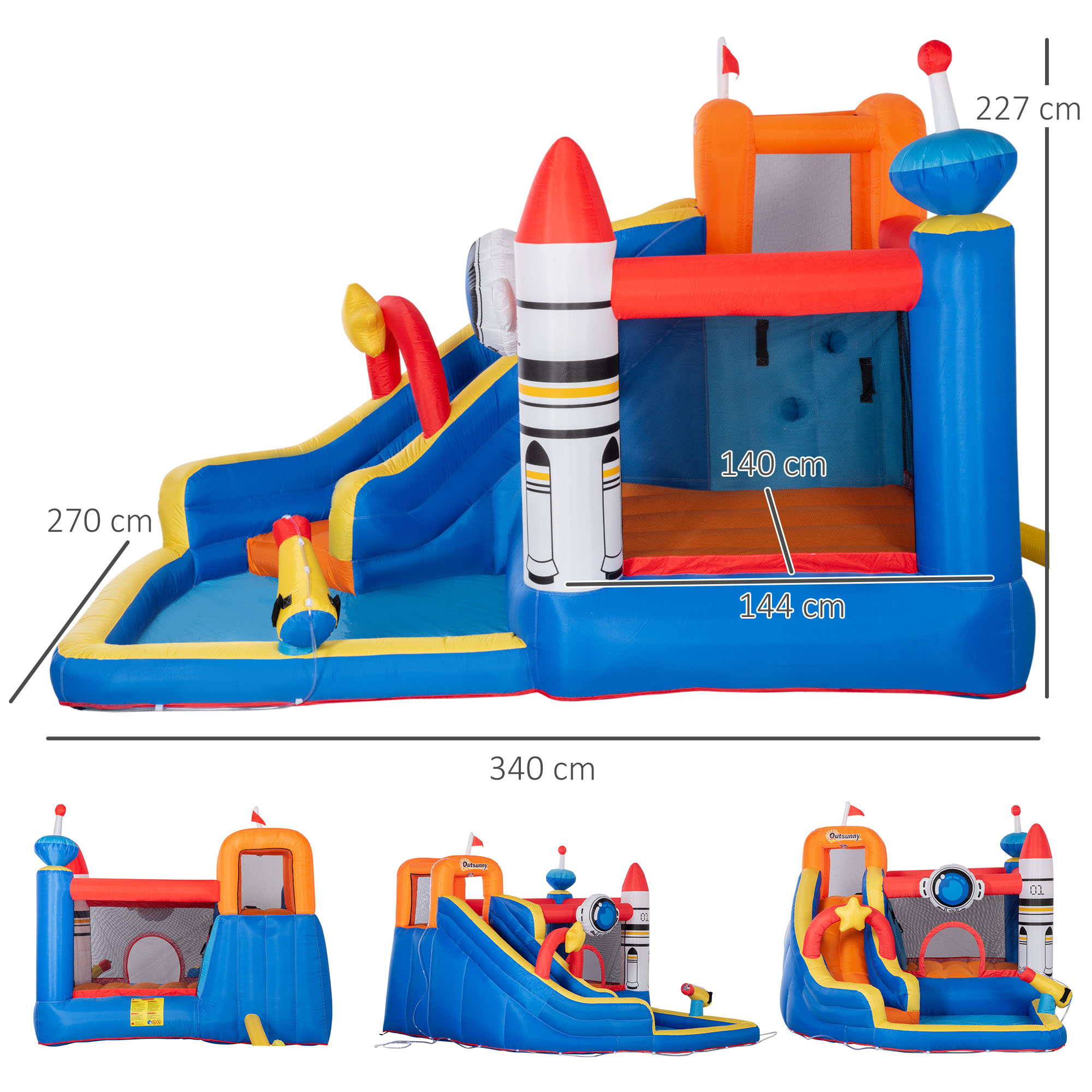 Outsunny 5 in 1 Kids Bounce Castle Large Water Space Style Inflatable House Slide Trampoline Pool Water Gun Climbing Wall for Kids Age 3-8