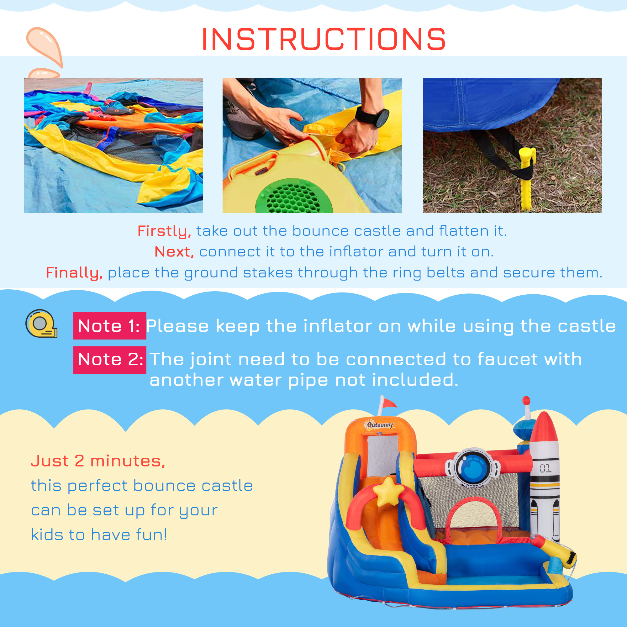 Outsunny 5 in 1 Kids Bounce Castle Large Water Space Style Inflatable House Slide Trampoline Pool Water Gun Climbing Wall for Kids Age 3-8