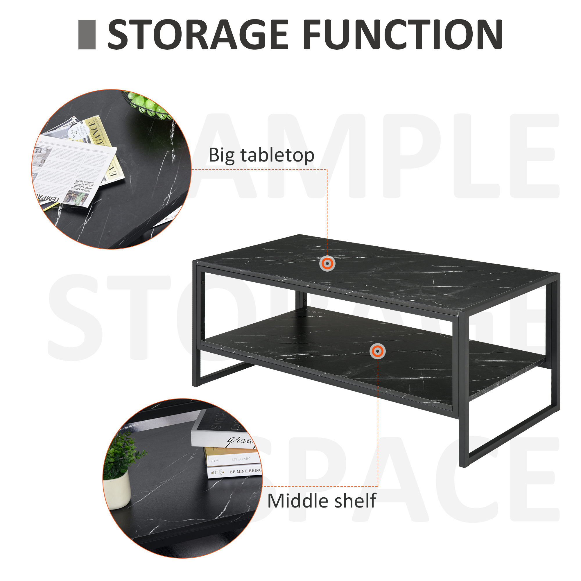 HOMCOM Elegant Coffee Table, Two-Tier Laminate Marble Print Top with Metal Frame, Foot Pads, Modern Style, 2 Shelves Home Display Storage Unit, Black