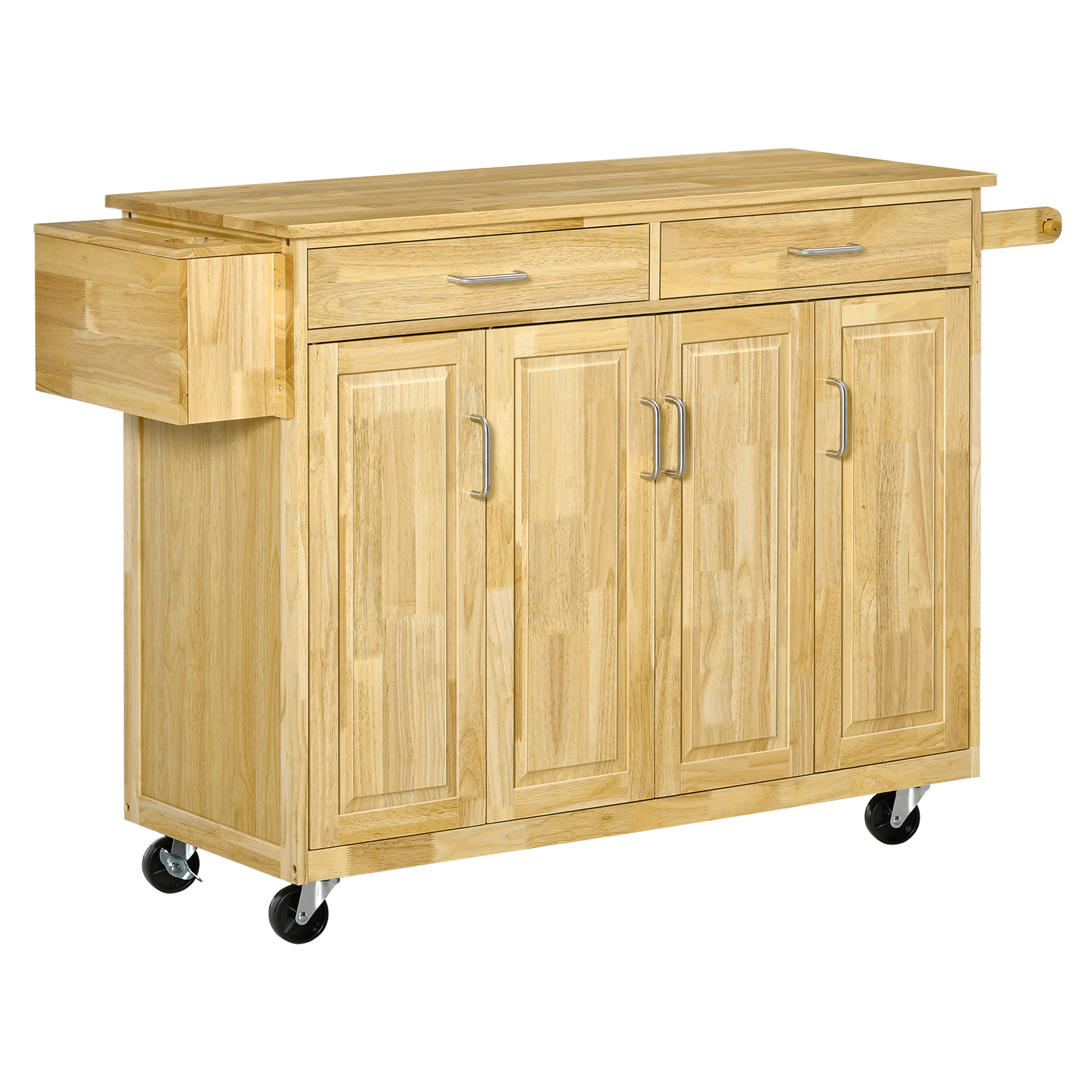 HOMCOM Carrello da Cucina in Legno con Cassetto, Armadietto e Ruote, Portaspezie e Porta Coltelli, 136x47x91.5cm
