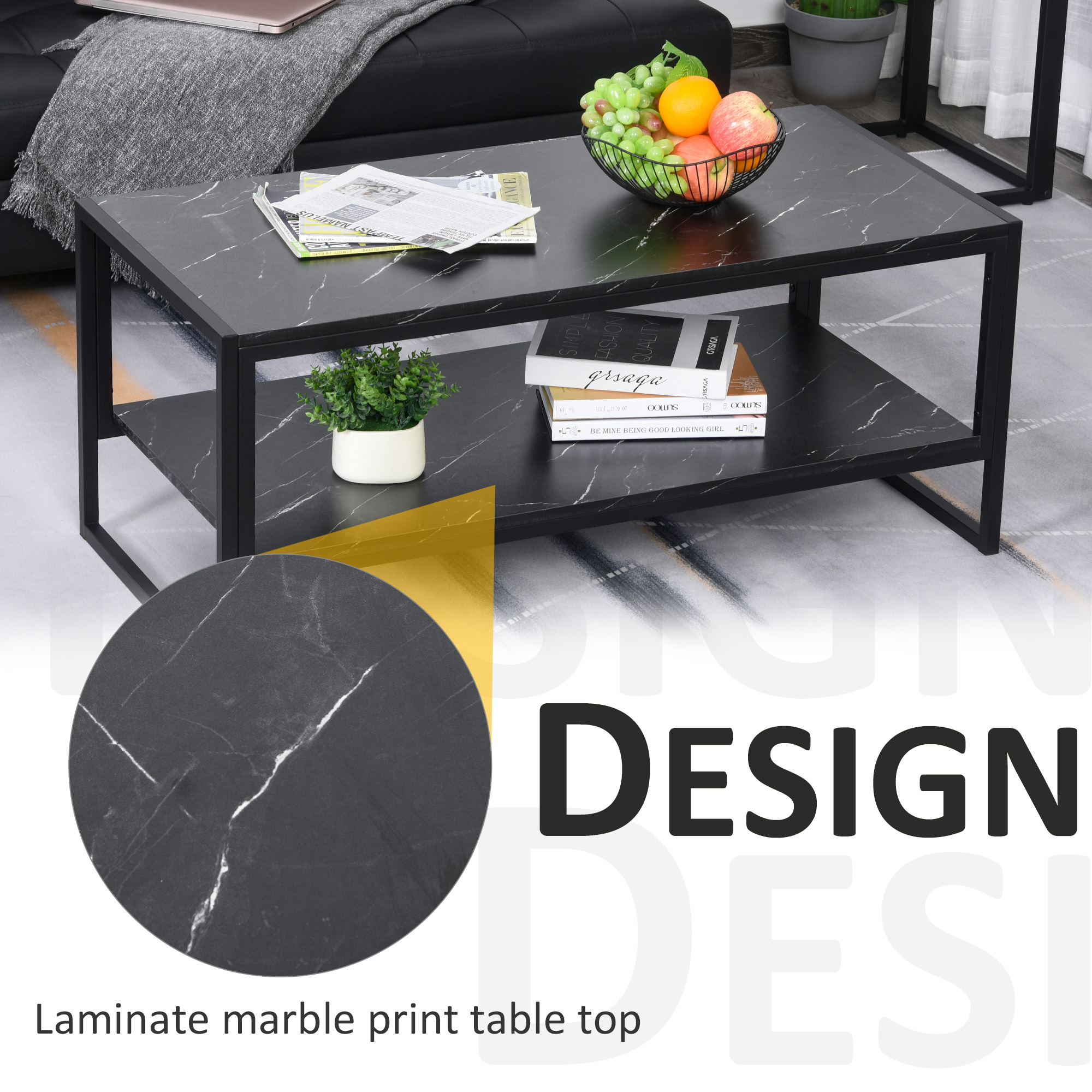 HOMCOM Elegant Coffee Table, Two-Tier Laminate Marble Print Top with Metal Frame, Foot Pads, Modern Style, 2 Shelves Home Display Storage Unit, Black