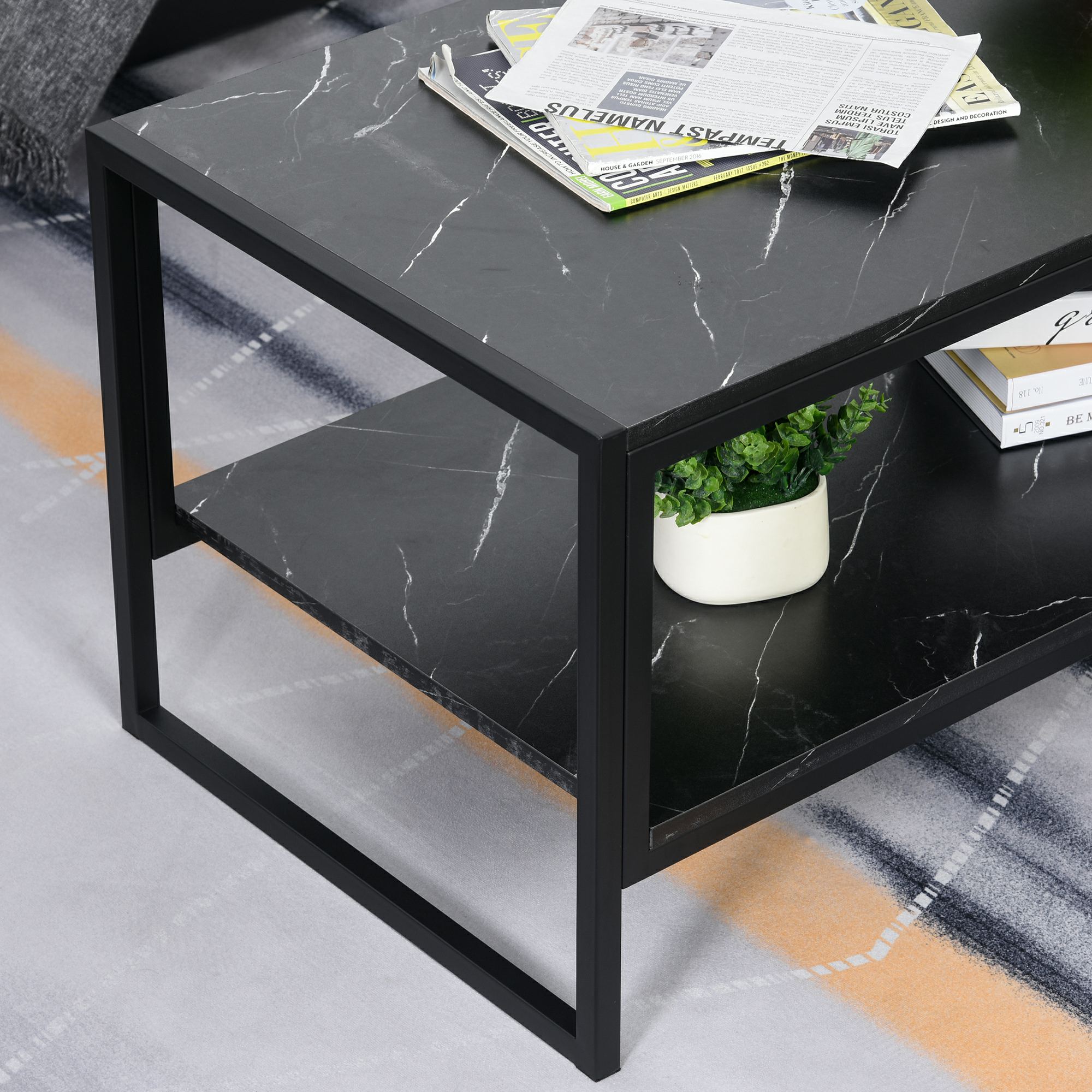 HOMCOM Elegant Coffee Table, Two-Tier Laminate Marble Print Top with Metal Frame, Foot Pads, Modern Style, 2 Shelves Home Display Storage Unit, Black