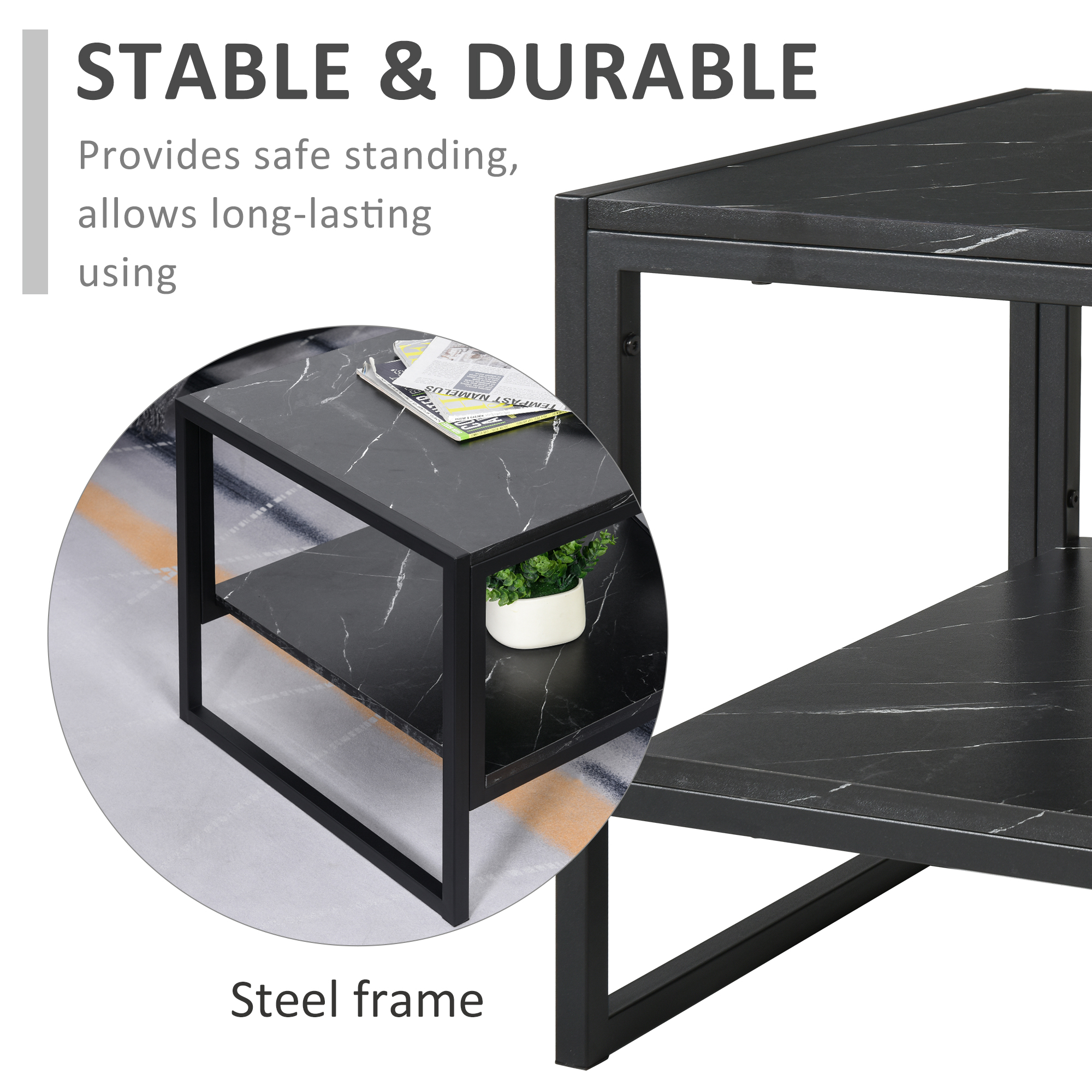 HOMCOM Elegant Coffee Table, Two-Tier Laminate Marble Print Top with Metal Frame, Foot Pads, Modern Style, 2 Shelves Home Display Storage Unit, Black