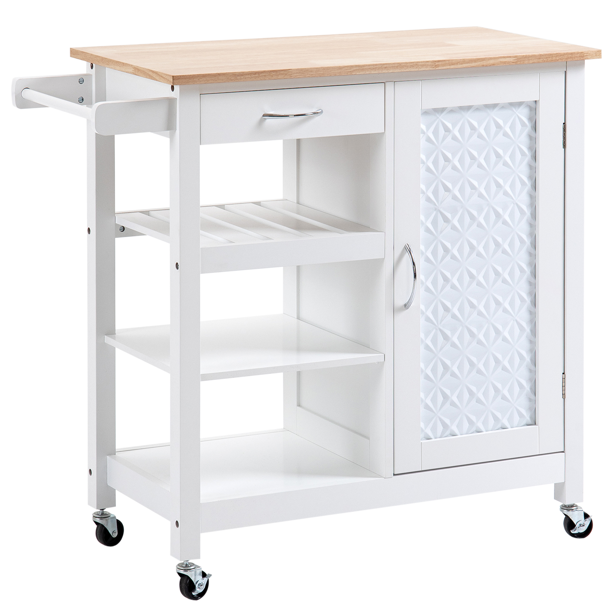 HOMCOM Carrello da Cucina a 4 Ruote con 1 Cassetto, 1 Armadietto, 1 Ripiano Aperto a 3 Livelli e 1 Portasciugamani 92x40x84 cm, Bianco