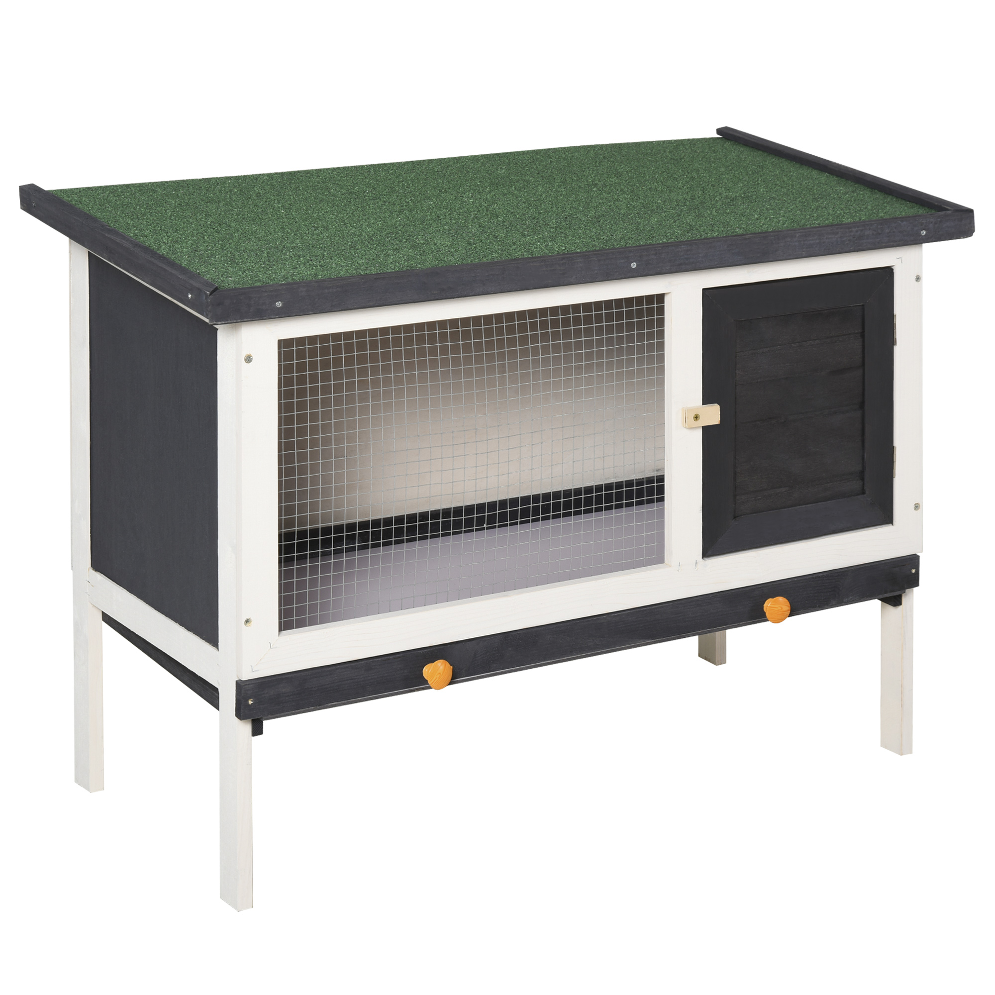 PawHut Coelheira de Madeira Gaiola Elevada para Coelhos Cobaias e Animais Pequenos com Teto Asfáltico Bandeja Removível e Porta com Trava 91x46x71cm Preto