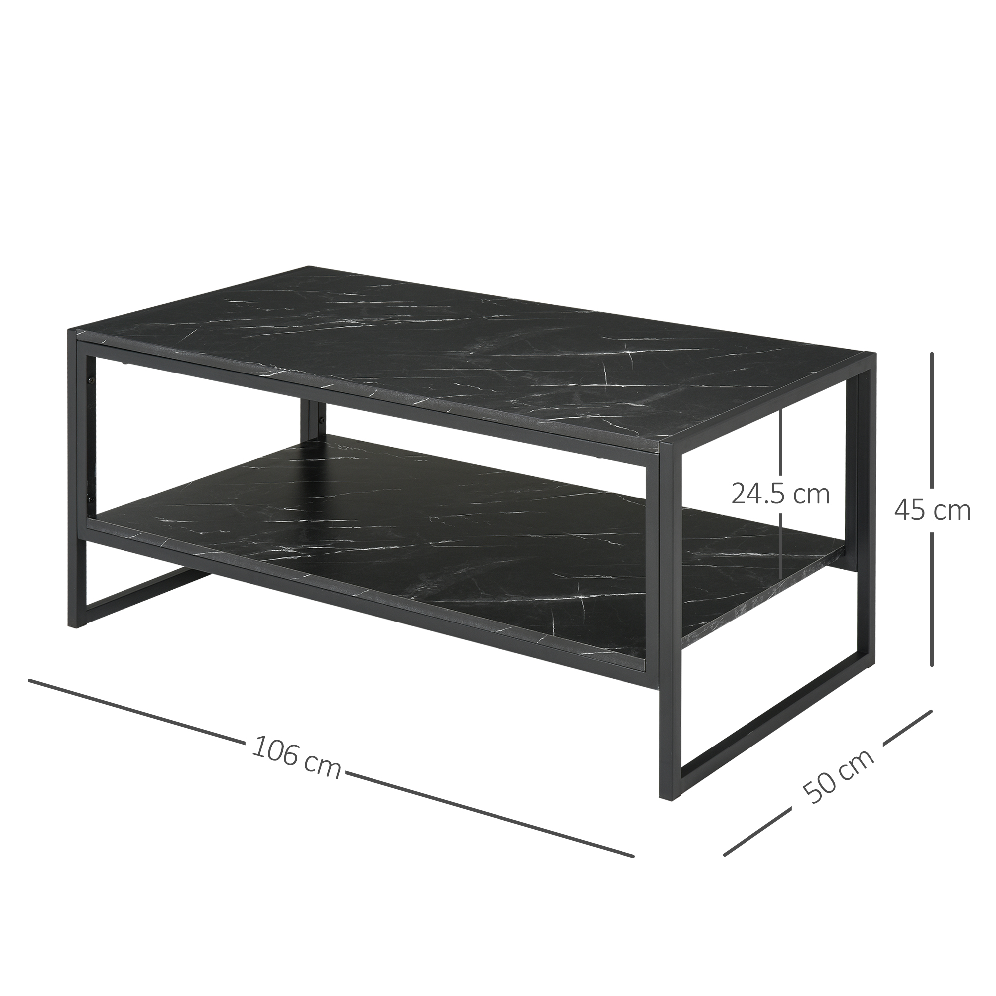 HOMCOM Elegant Coffee Table, Two-Tier Laminate Marble Print Top with Metal Frame, Foot Pads, Modern Style, 2 Shelves Home Display Storage Unit, Black