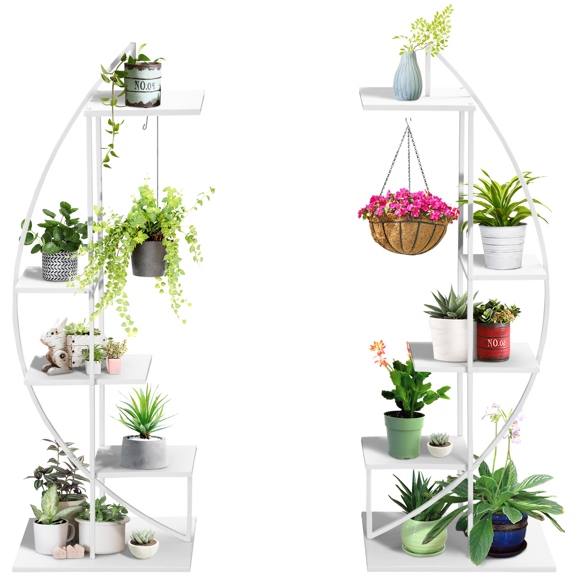 Outsunny Fioriera in Metallo a 5 Ripiani, 2 Pezzi, Design a Mezzaluna, Portafiori per Interni ed Esterni, 53x33x154cm, Bianco