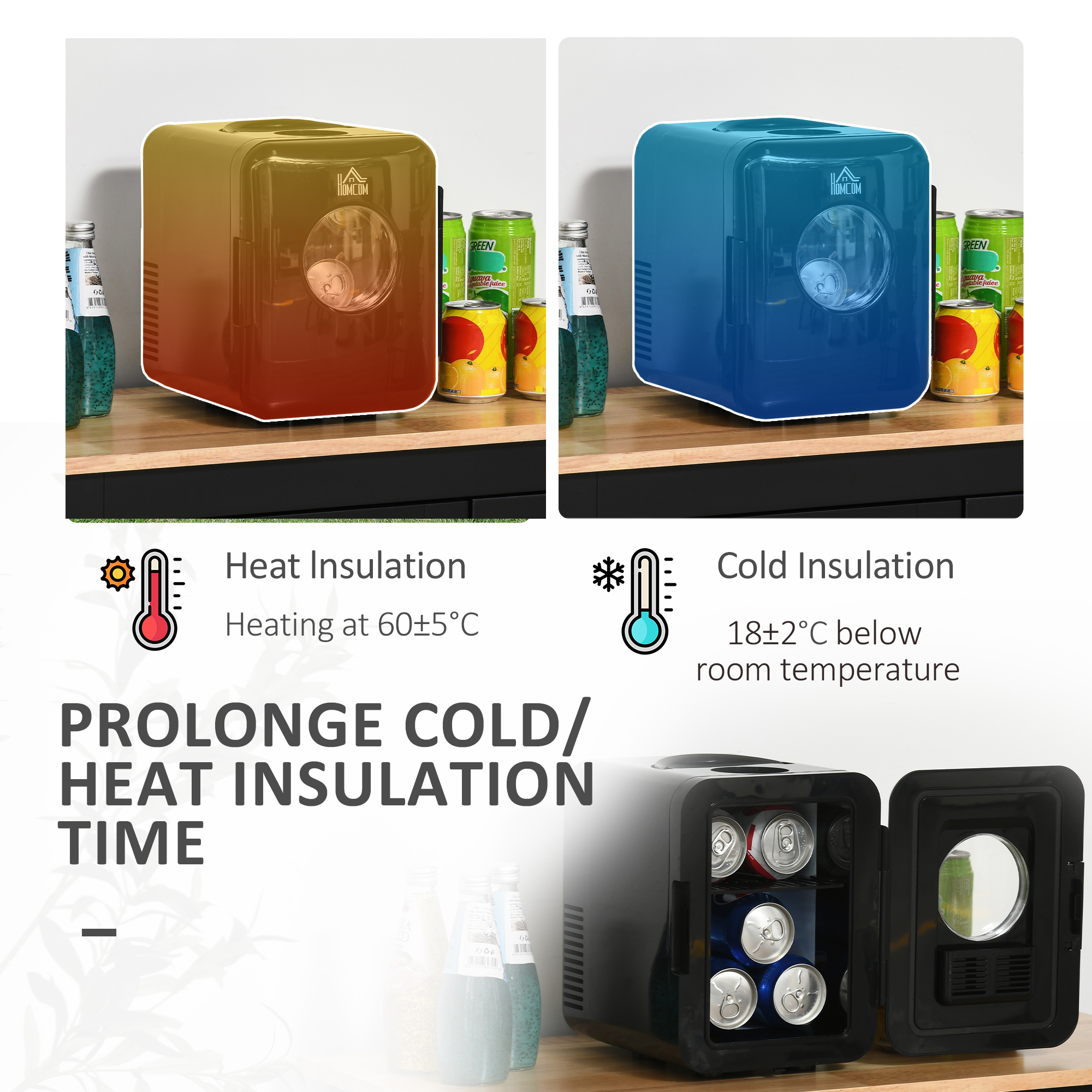 HOMCOM 4 L/6 Can Mini Fridge, AC+DC Portable Cooler & Warmer for Skincare, Makeup, Cosmetics, Food, for Bedroom, Home, Caravan, Car, Black