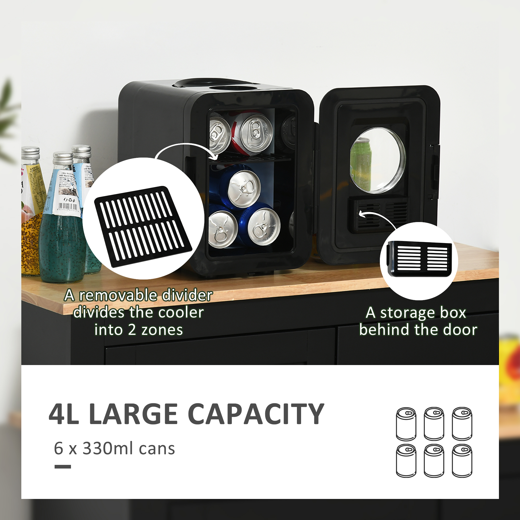 HOMCOM 4 L/6 Can Mini Fridge, AC+DC Portable Cooler & Warmer for Skincare, Makeup, Cosmetics, Food, for Bedroom, Home, Caravan, Car, Black
