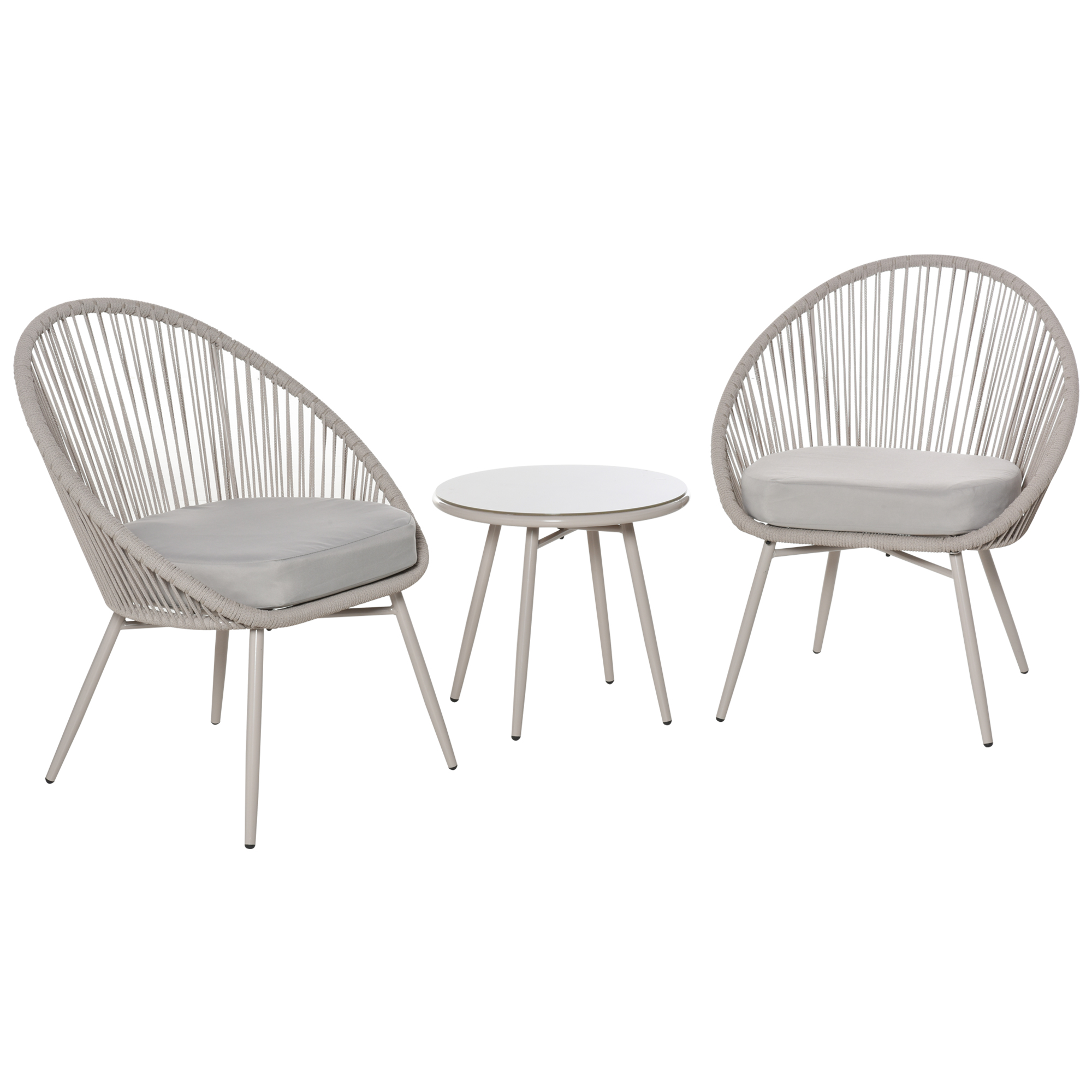 Outsunny Mobili da Giardino in Rattan Sintetico, Set 3 Pezzi Tavolino e Sedie da Giardino ed Esterno, Bianco Crema