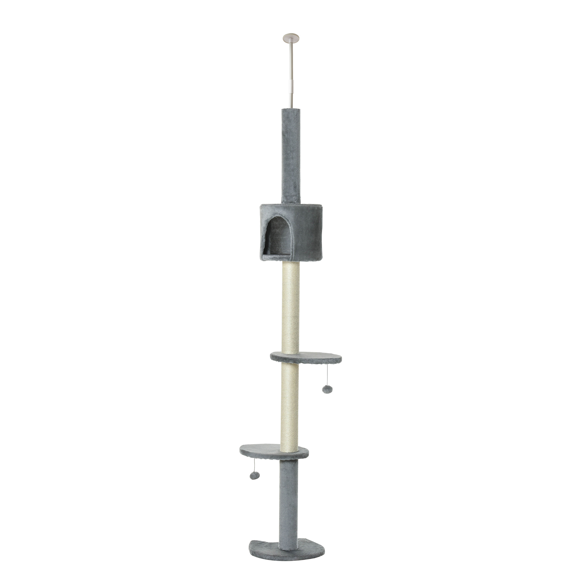 PawHut Árbol Rascador para Gatos Rascador para Fijar al Techo Altura Ajustable 220-280 cm con Plataformas Cueva Postes de Sisal Bolas Colgantes Gris
