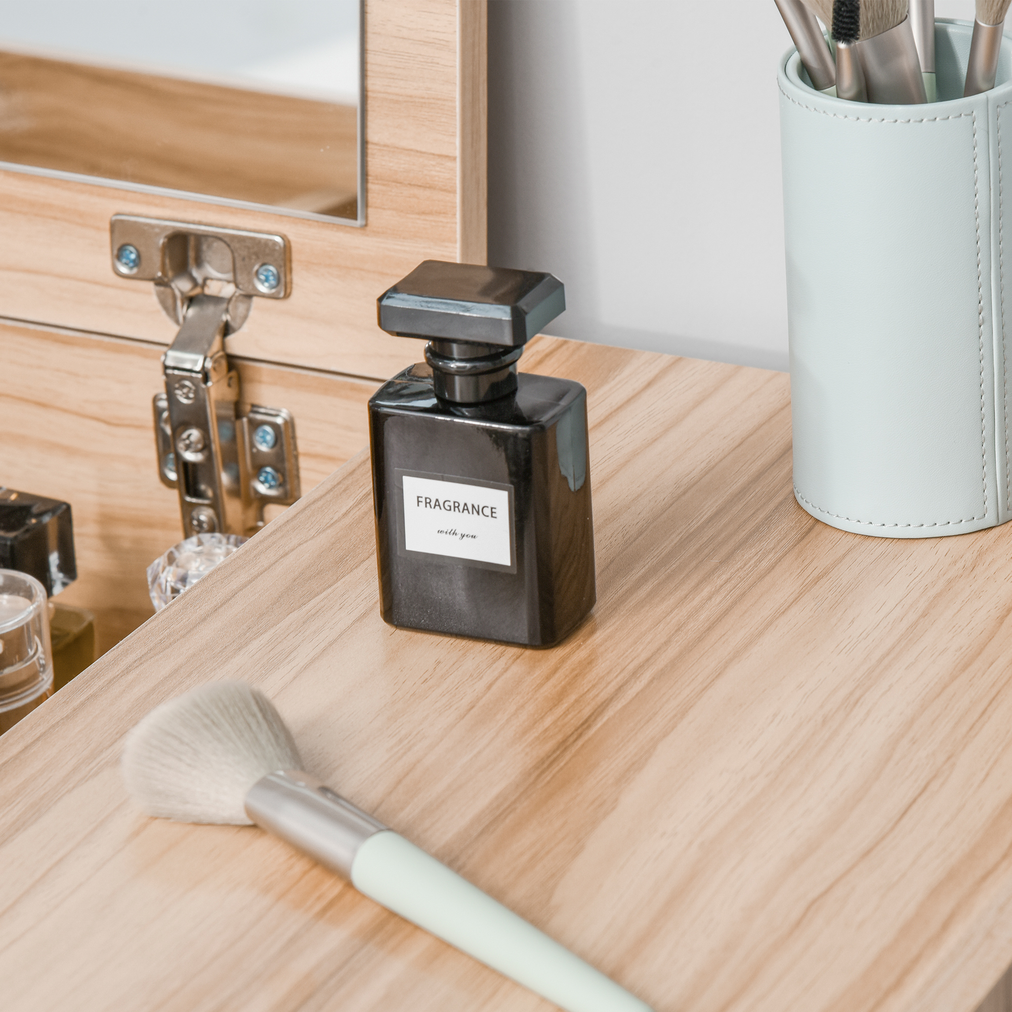 HOMCOM Dressing Table Set with Cushioned Stool, Flip-up Mirror, and Drawer in Wood Grain Finish