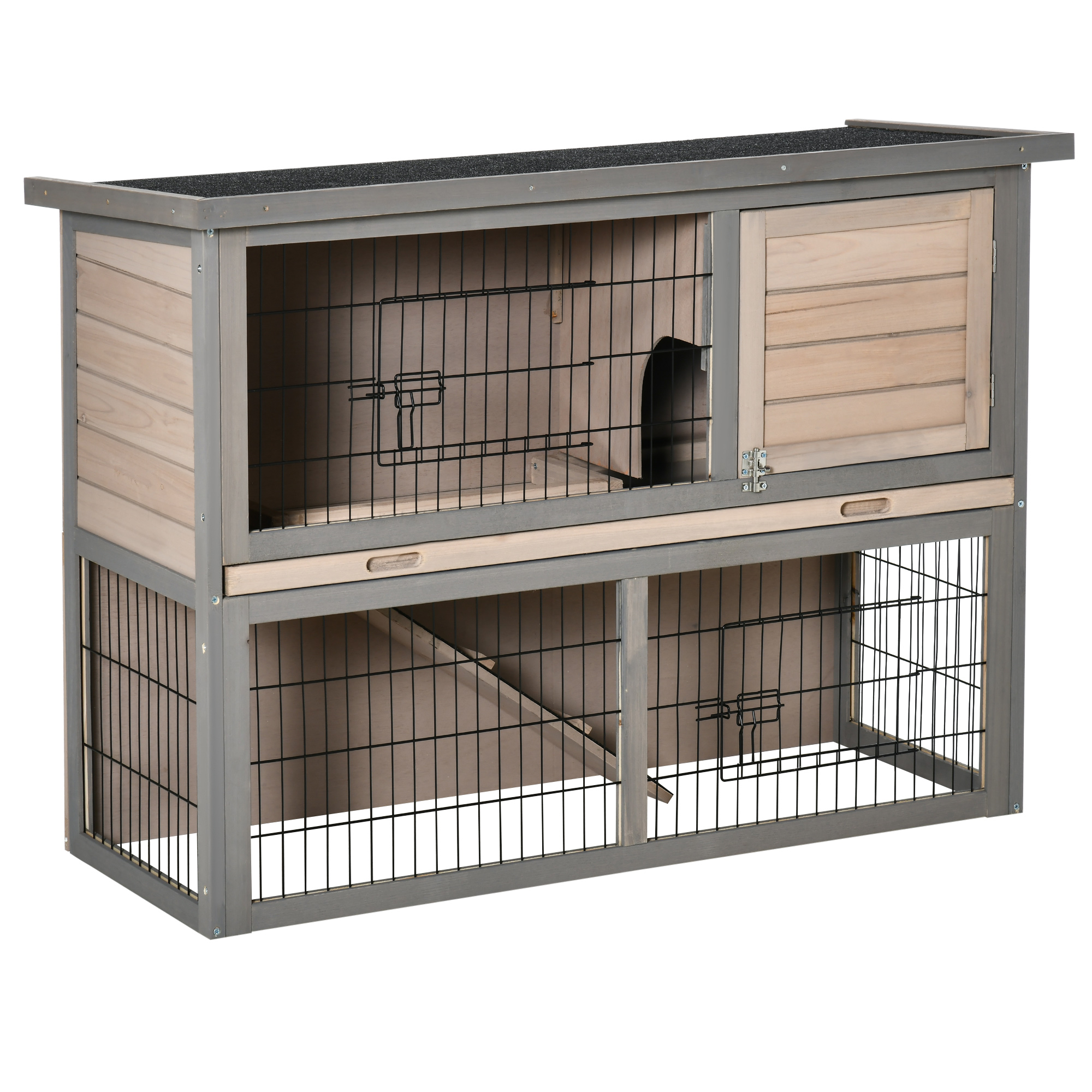 PawHut Clapier à lapin cage à lapin 2 étages clapier lapin nain avec 3 portes verrouillables plateau coulissant rampe et toit ouvrant bois de sapin gris noir