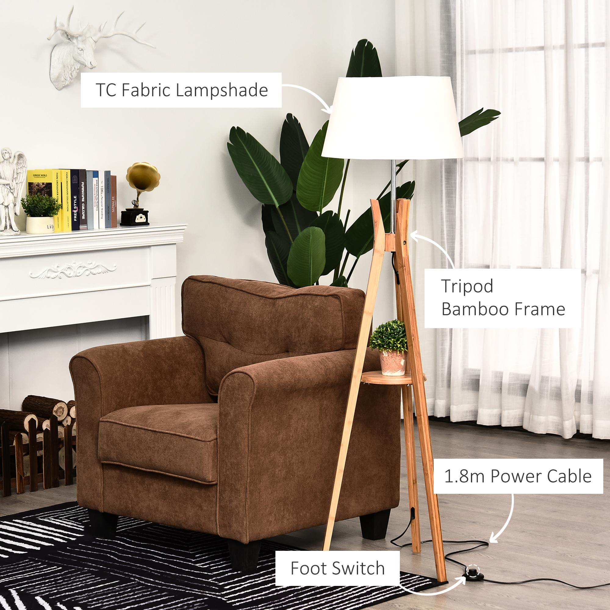 HOMCOM Tripod Floor Lamp Light E27 Base Bedroom Living Room Natural Wooden Fabric Shade Storage Shelf Foot Switch, 156cm, White