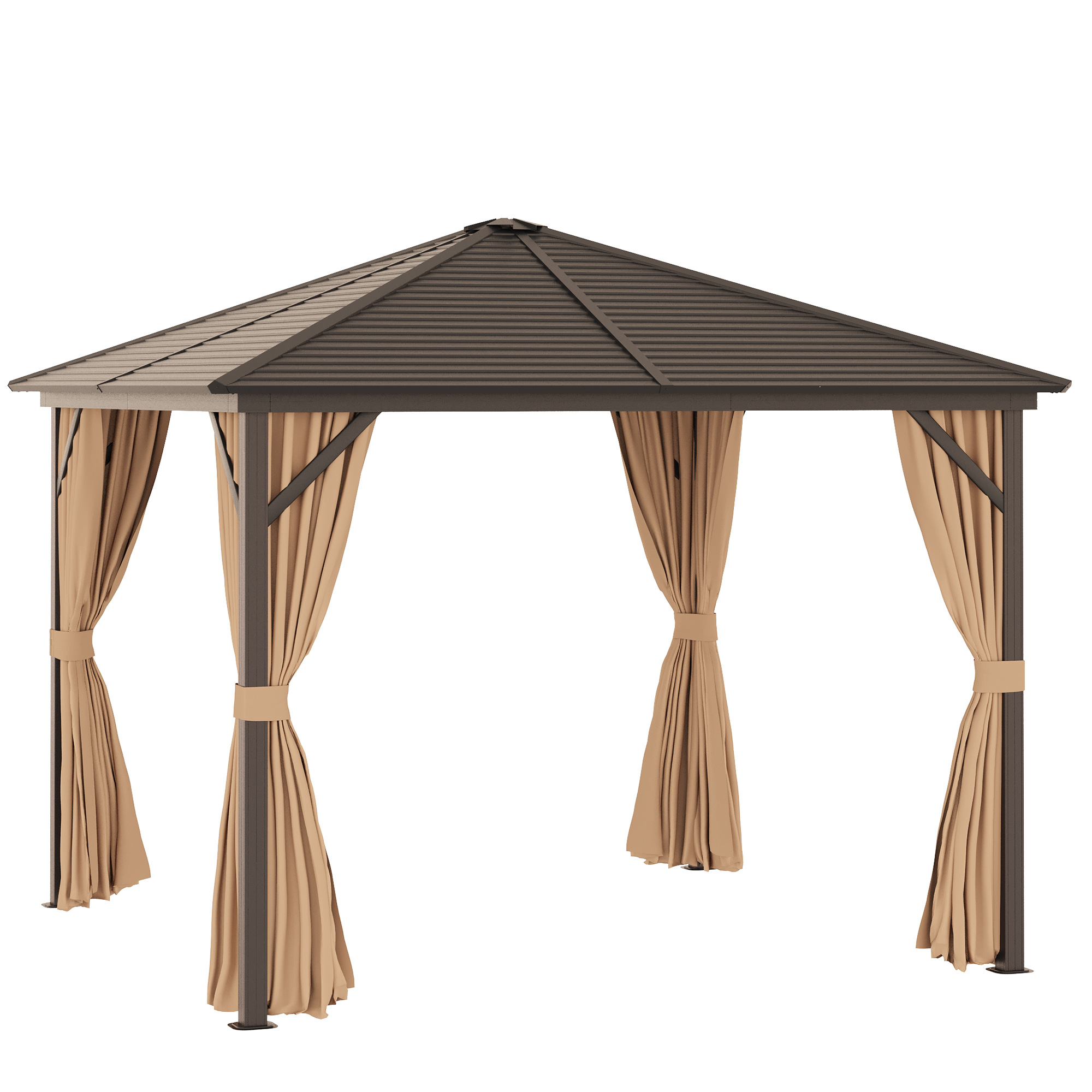 Outsunny Gazebo da Giardino 2.98x2.98m in Alluminio con Zanzariera, 4 Tende Laterali in Poliestere e Tetto Rigido, Marrone