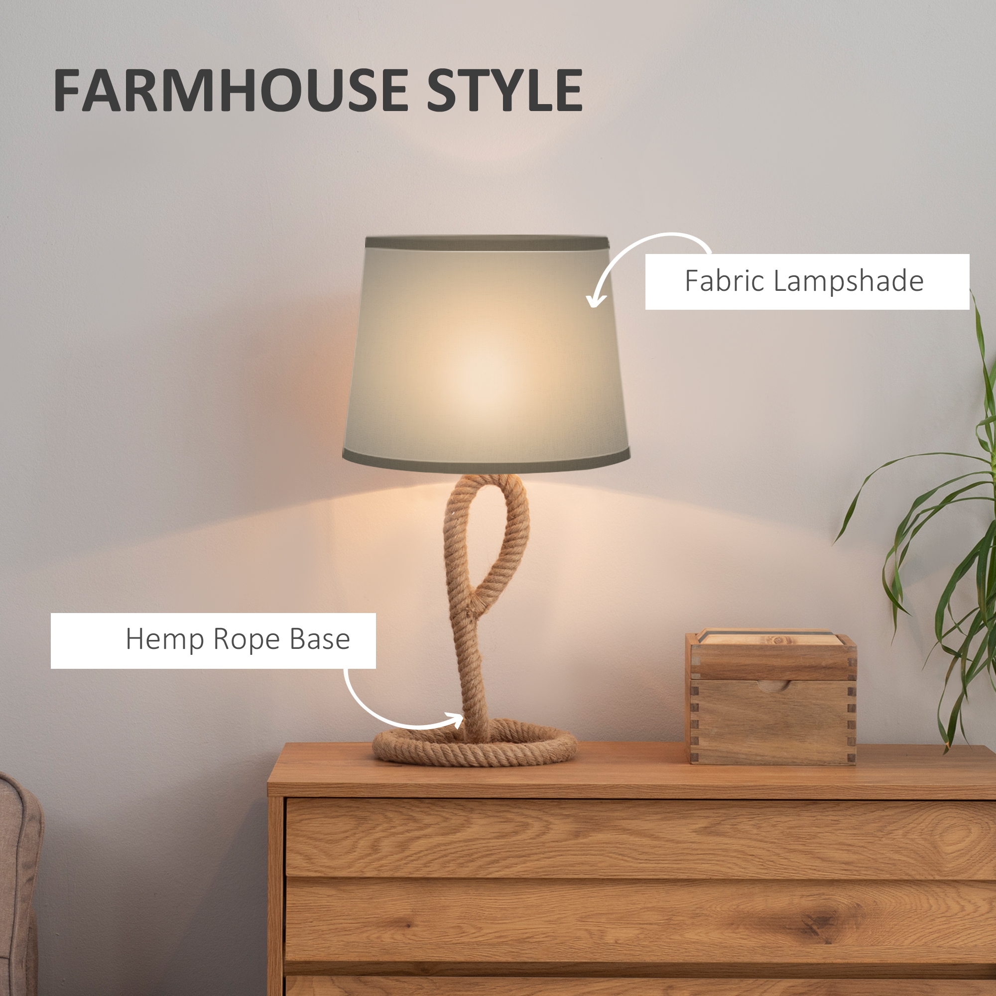 HOMCOM Farmhouse Table Lamp with Rope Base for E27 LED Halogen Bulb, Desk Fabric Light, Bedroom, Living room, Study