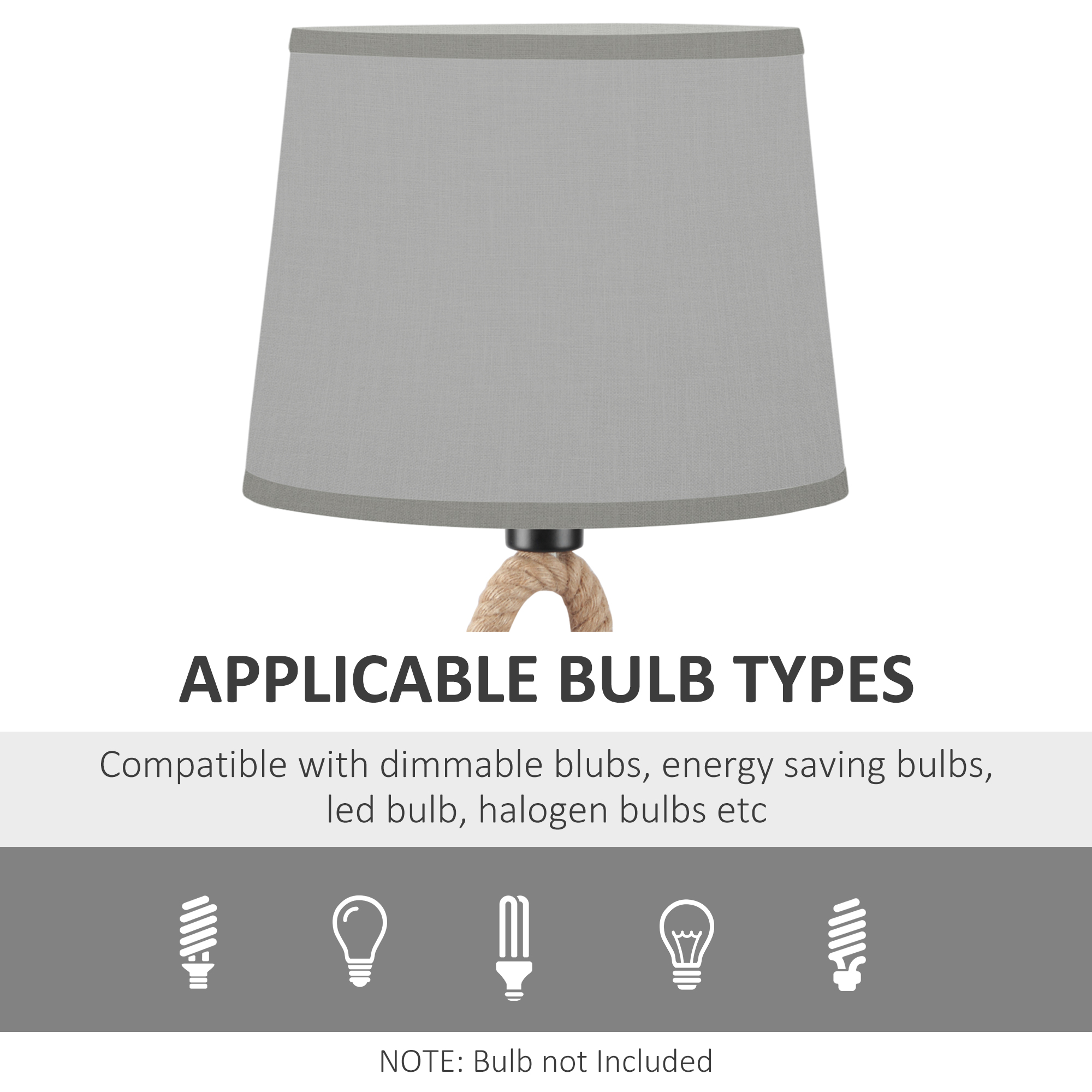HOMCOM Farmhouse Table Lamp with Rope Base for E27 LED Halogen Bulb, Desk Fabric Light, Bedroom, Living room, Study