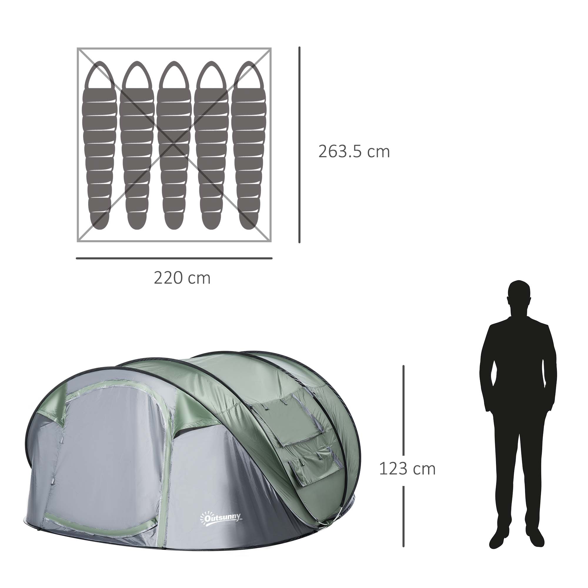 Outsunny Pop-up Camping Tent 4-5 Person, Waterproof with 2 Mesh & PVC Windows, Portable Carry Bag, Dark Green