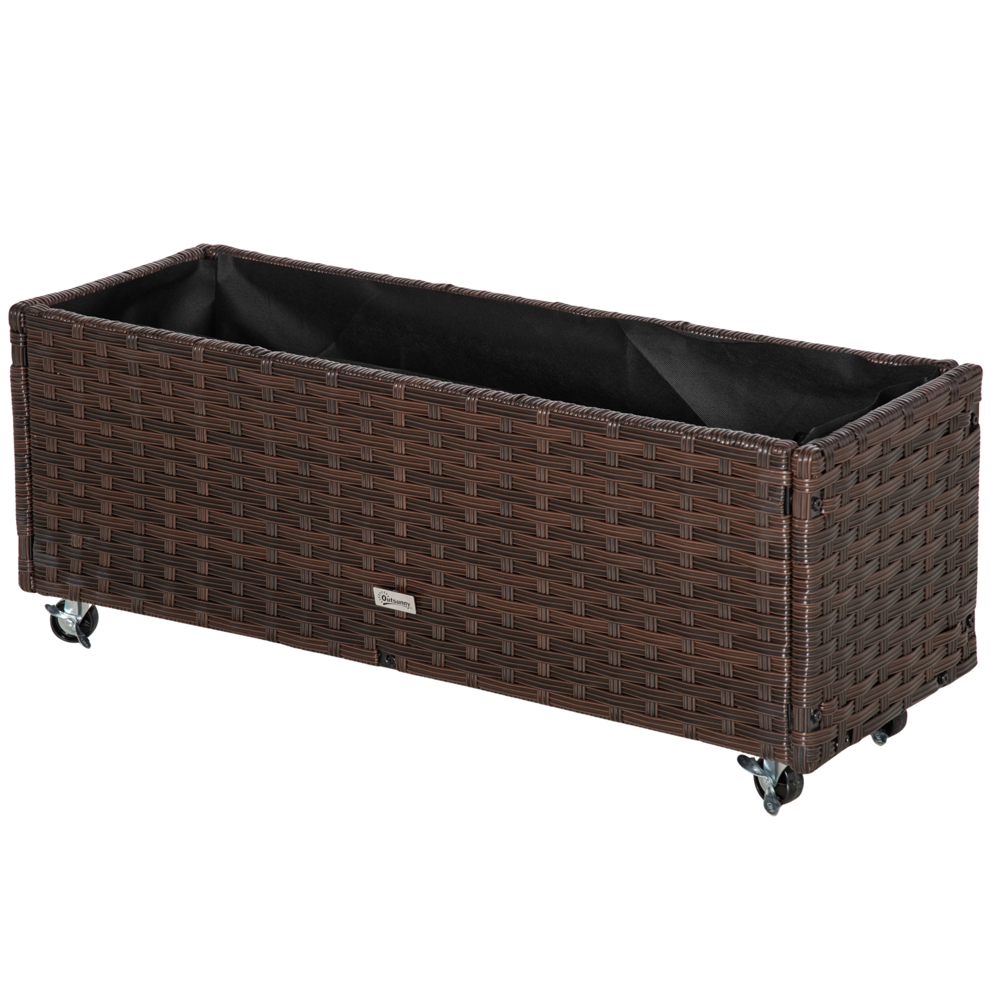 Outsunny Fioriera Rialzata in Rattan Sintetico con 4 Ruote Bloccabili, per Interni ed Esterni, 94.5x31x36cm Grigio talpa