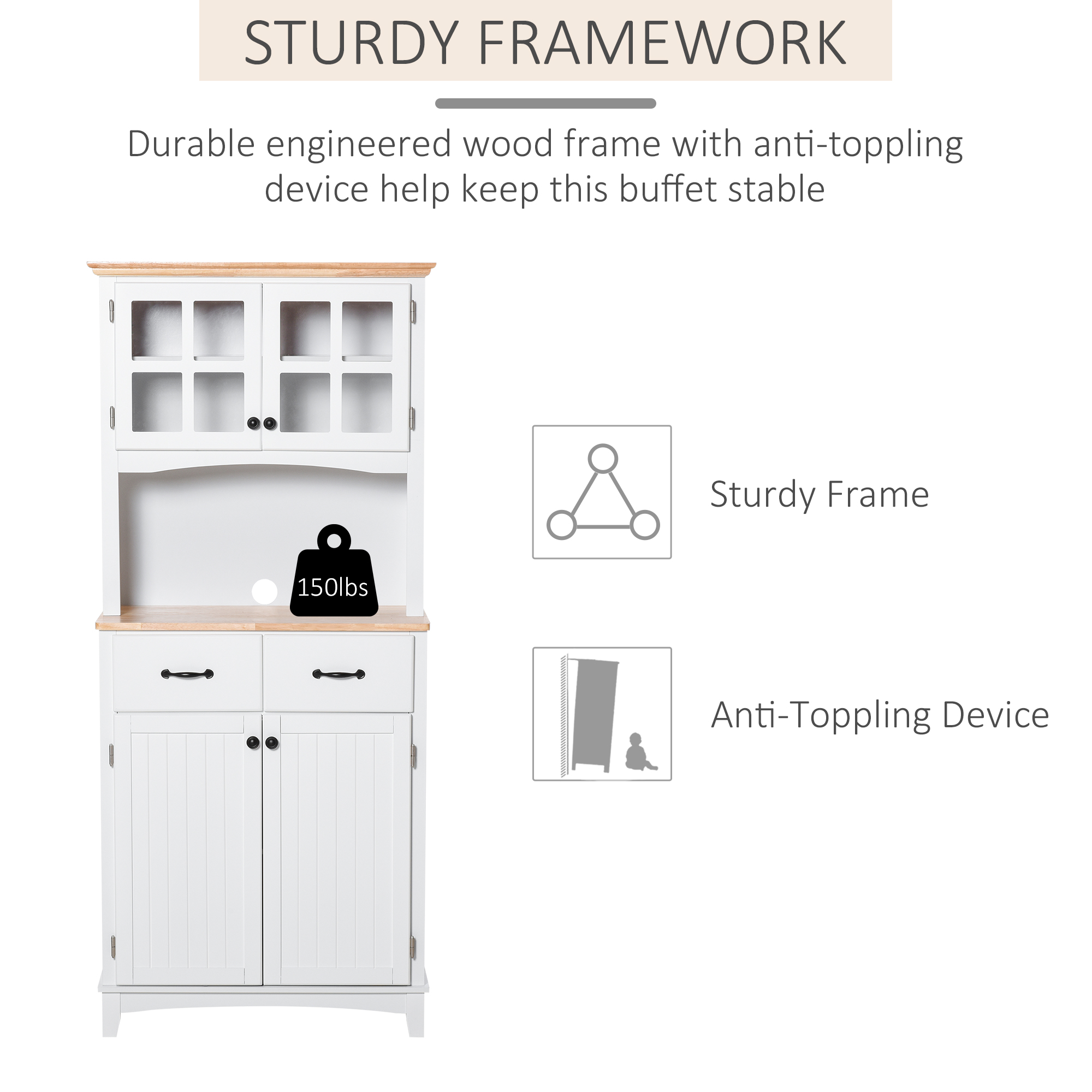 HOMCOM Freestanding Kitchen Cupboard, Kitchen Storage Cabinet with Framed Glass Doors, 2 Drawers, Microwave Counter, White