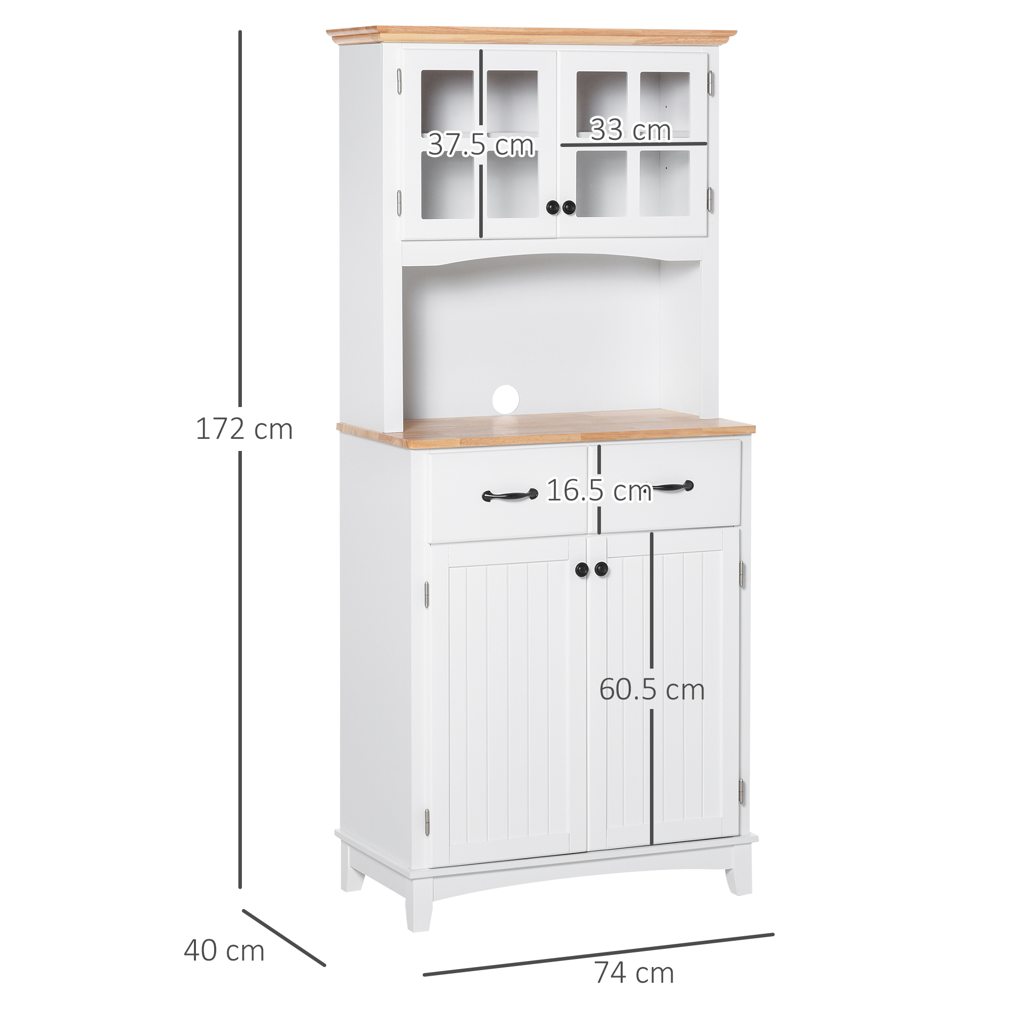 HOMCOM Freestanding Kitchen Cupboard, Kitchen Storage Cabinet with Framed Glass Doors, 2 Drawers, Microwave Counter, White