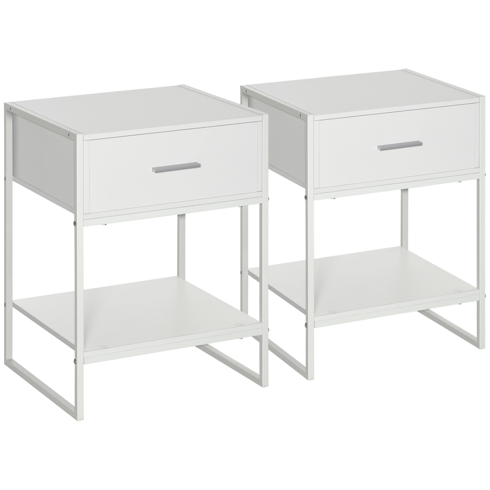 HOMCOM Comodino Moderno Set 2 Pezzi con Cassetto e Ripiano Aperto per Camera da Letto e Soggiorno, in MDF e Acciaio, 45x40x60cm, Bianco