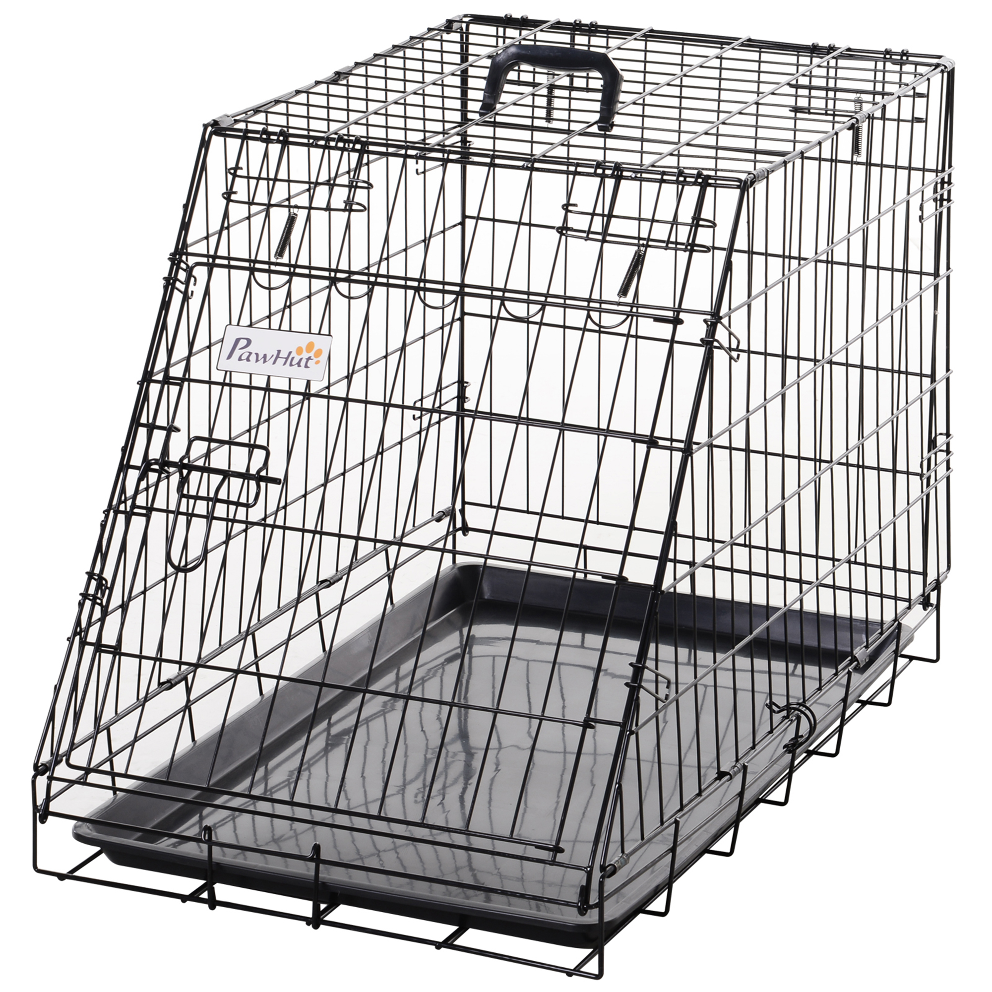 PawHut Gabbia per Cani Trasportino in Metallo e PP a Trapezio per Auto con Maniglia, 76x48x55cm Nero