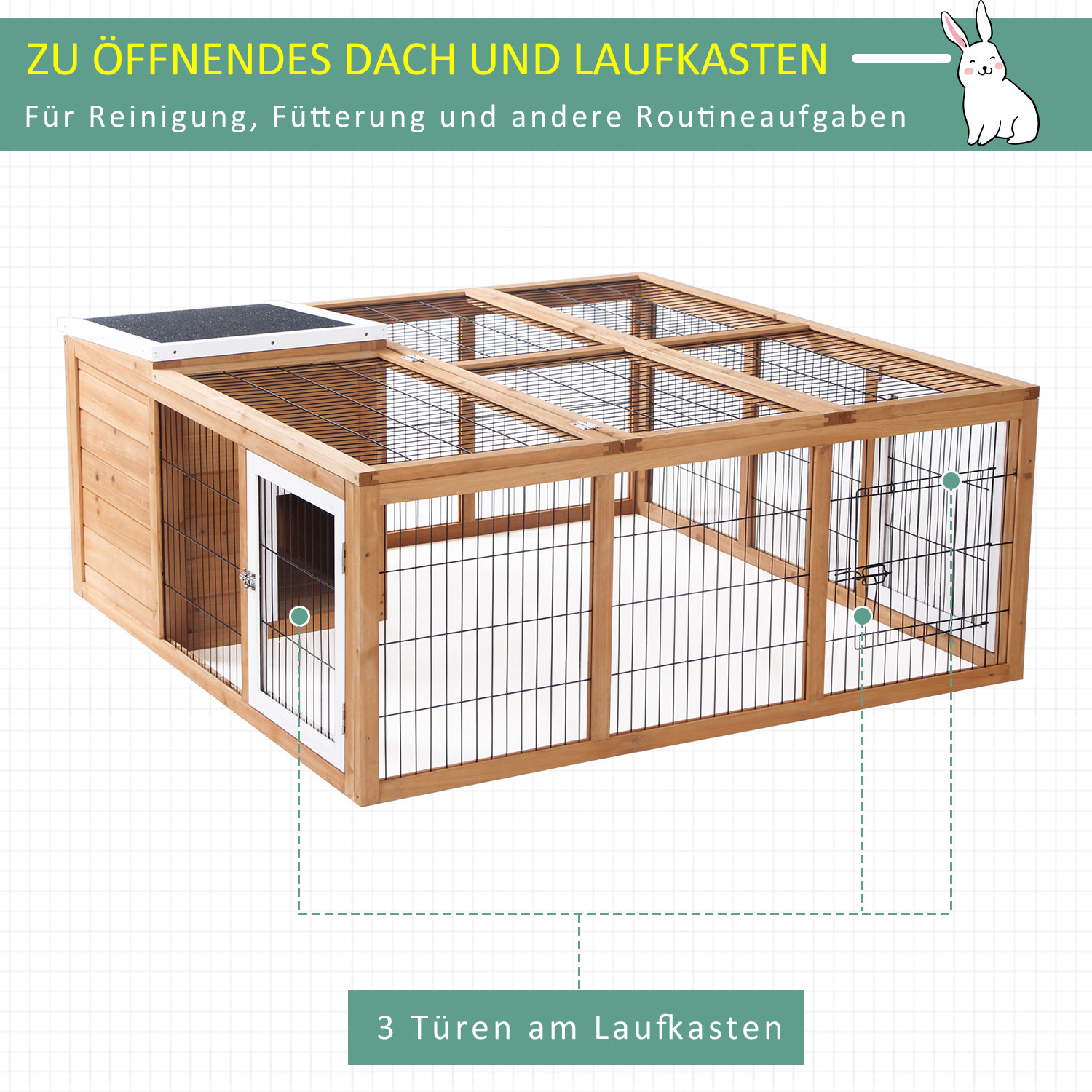 Rijoka Houten Konijnenhok - Dierenverblijf Outdoor - Verschuifbare Lade en Ren - 156x53x70cm