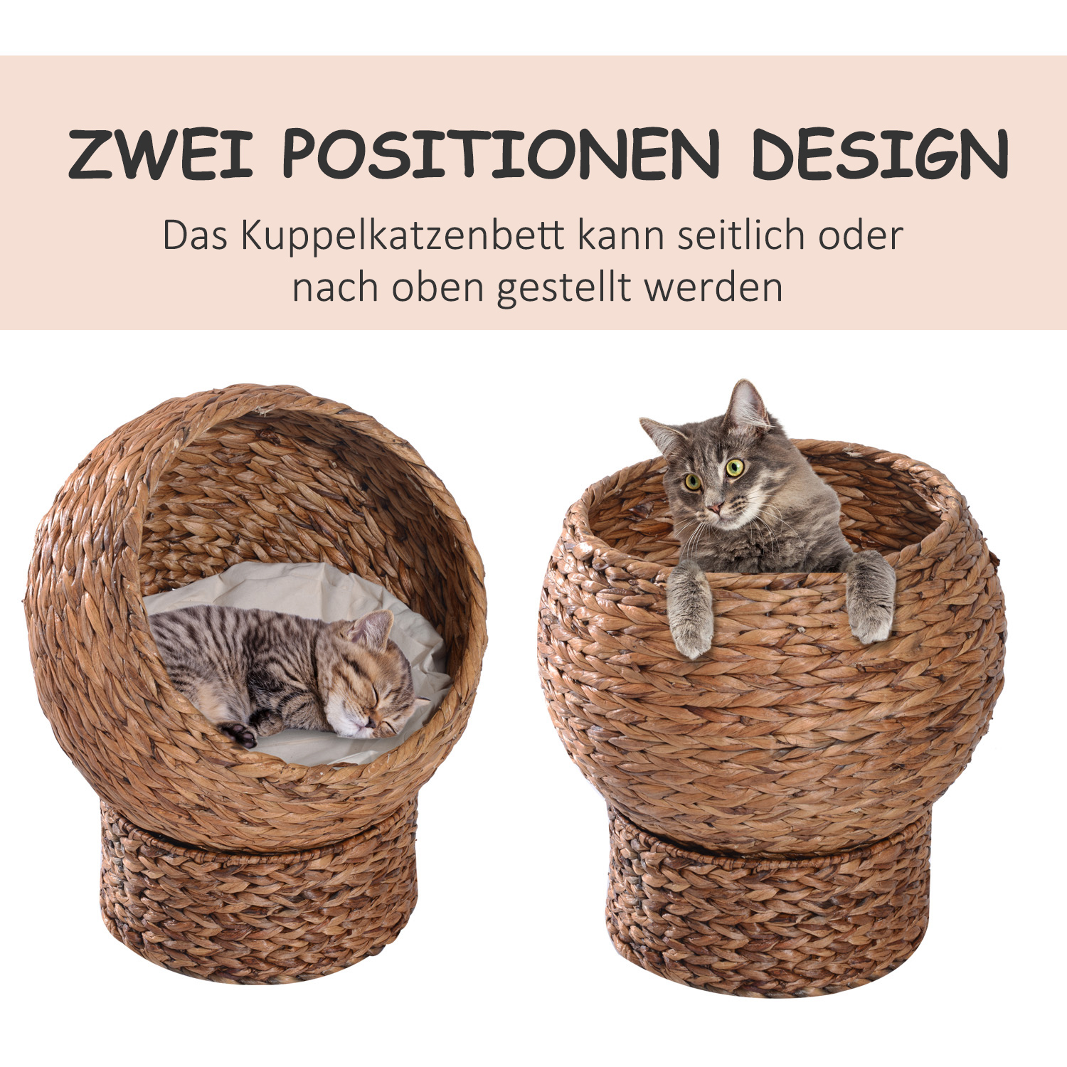 PawHut kattenhuis van rotan, kattengrot met kussen, kattenhuis met 2 verdiepingen, kattenbed, kattenmand voor katten tot 5 kg, waterhyacintgras, 37,5 x 37,5 x 41,5 cm, bruin