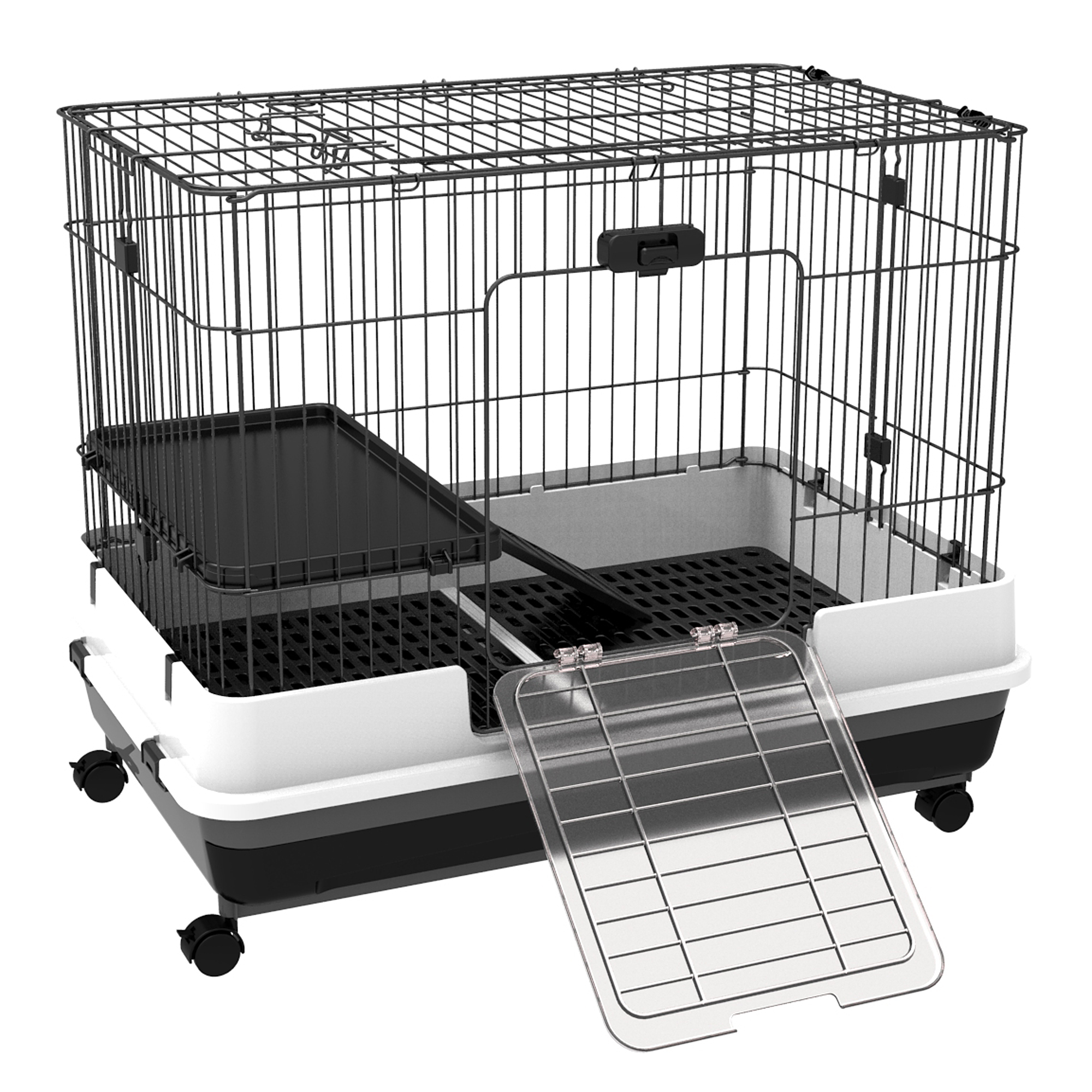 PawHut Kleintierkäfig mit Räder, 2 Türen, Plattform, Bodenfach, Metall, Schwarz, 81,2 x 52,7 x 66 cm   Aosom – PawHut