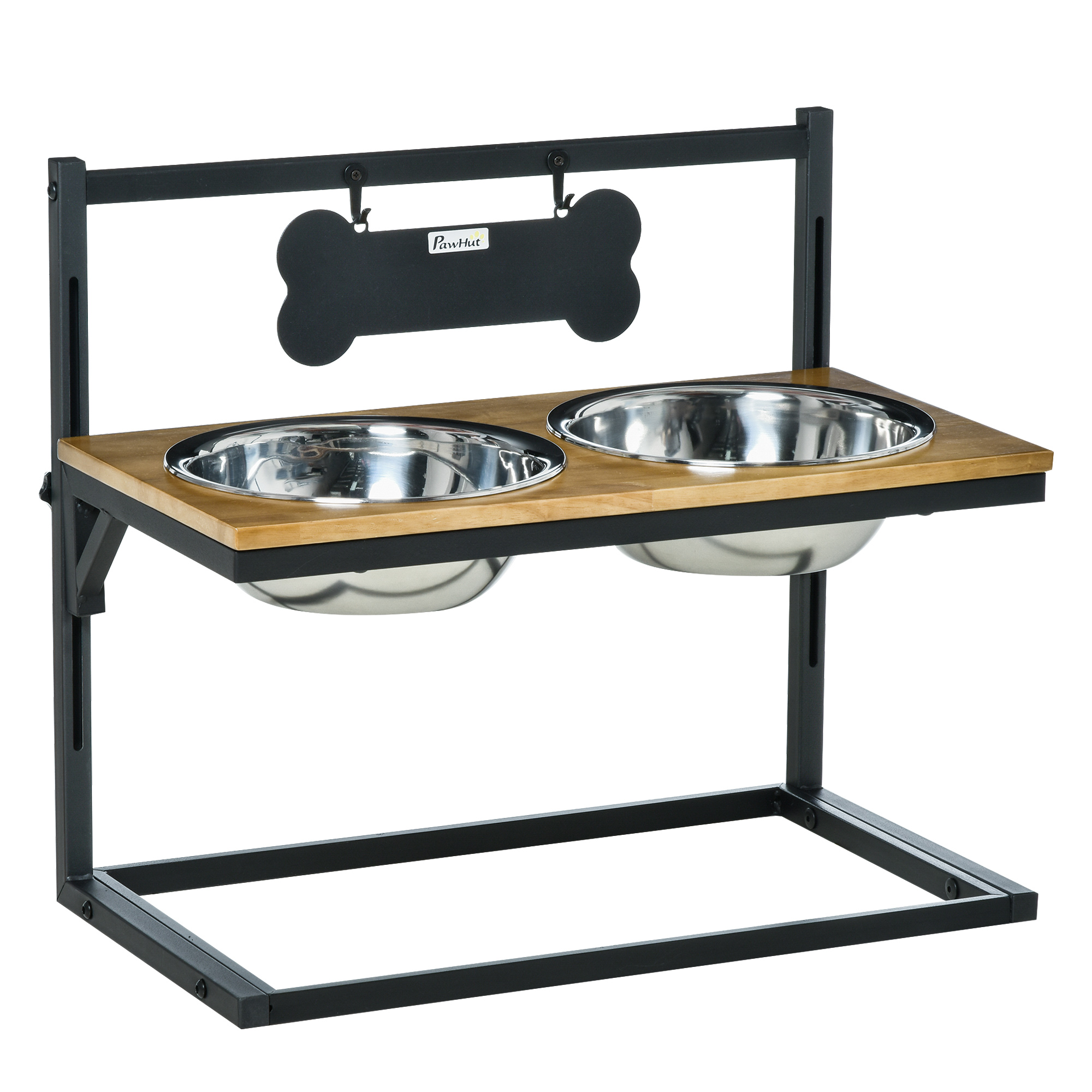 PawHut Gamelle double chien chat Porte-gamelles surélevé 2 bols en acier inoxydable 4000 ml amovibles hauteur réglable jusqu'à 44 cm panneaux de particules dim. 58L x 32l x 50H cm noir chêne