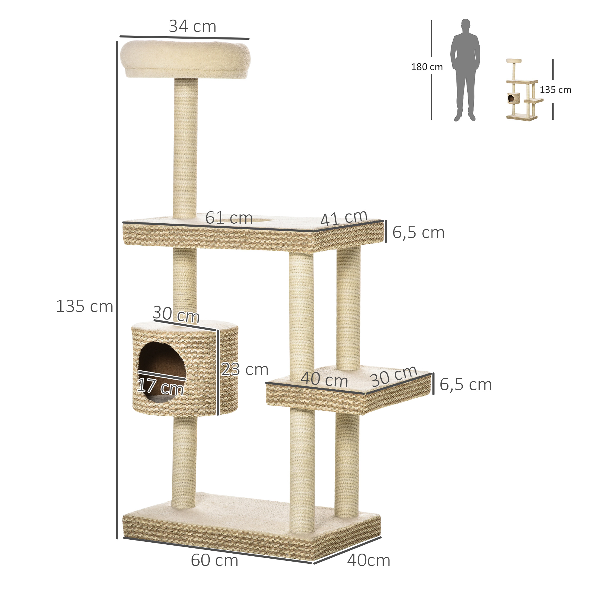 PawHut kattenkrabpaal kattenspeelgoed klimboom sisal bekleding ligvlak met bal spaanplaat fluweelzacht polyester sisal beige lichtbruin 60 x 60 x 93 cm PawHut kattenkrabpaal kattenspeelgoed klimboom sisal bekleding ligvlak met bal spaanplaat fluweelzacht polyester sisal beige lichtbruin 60 x 60 x 93 cm