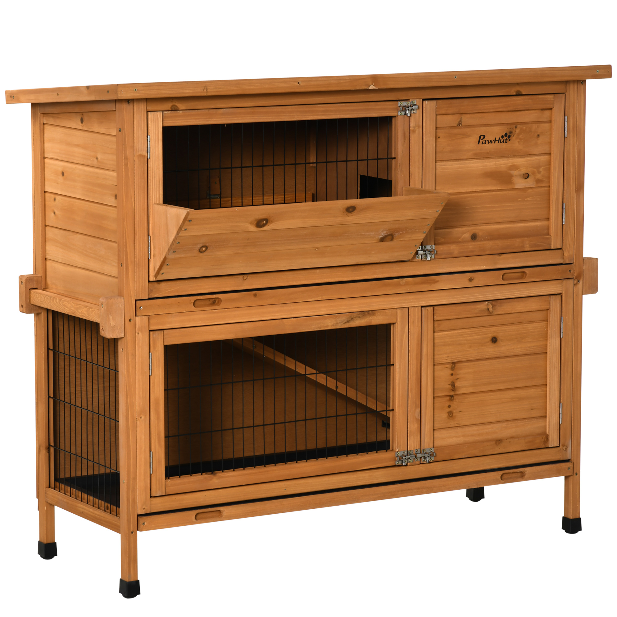 PawHut Clapier à lapin cage à lapin 2 étages trappe séparation amovible 4 portes verrouillables 2 plateaux déjection rampe toit bitumé 120 x 50 x 104 cm