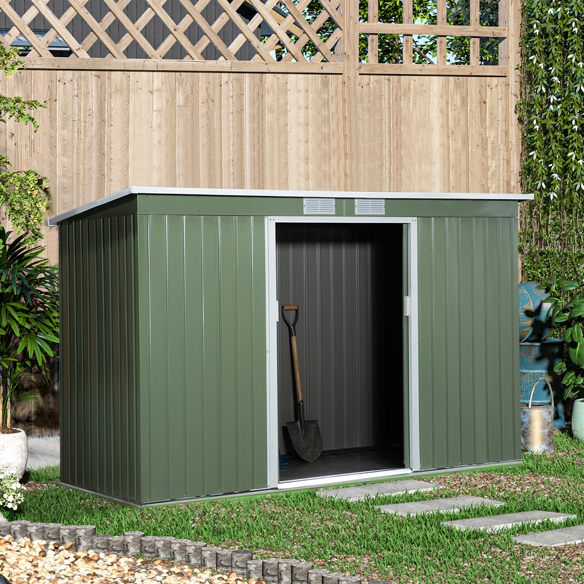 Outsunny 9 x 4.5 ft Pent Roof Metal Garden Storage Shed Corrugated Steel Tool Box with Foundation Ventilation & Doors, Light Green